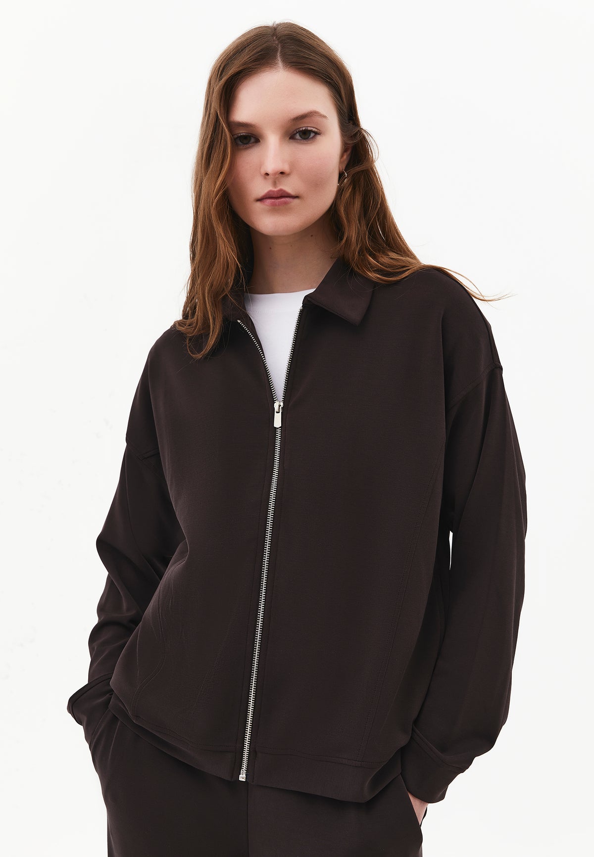 Zip Detail Polo Collar Sweatshirt - CHOCOLATE TORTE