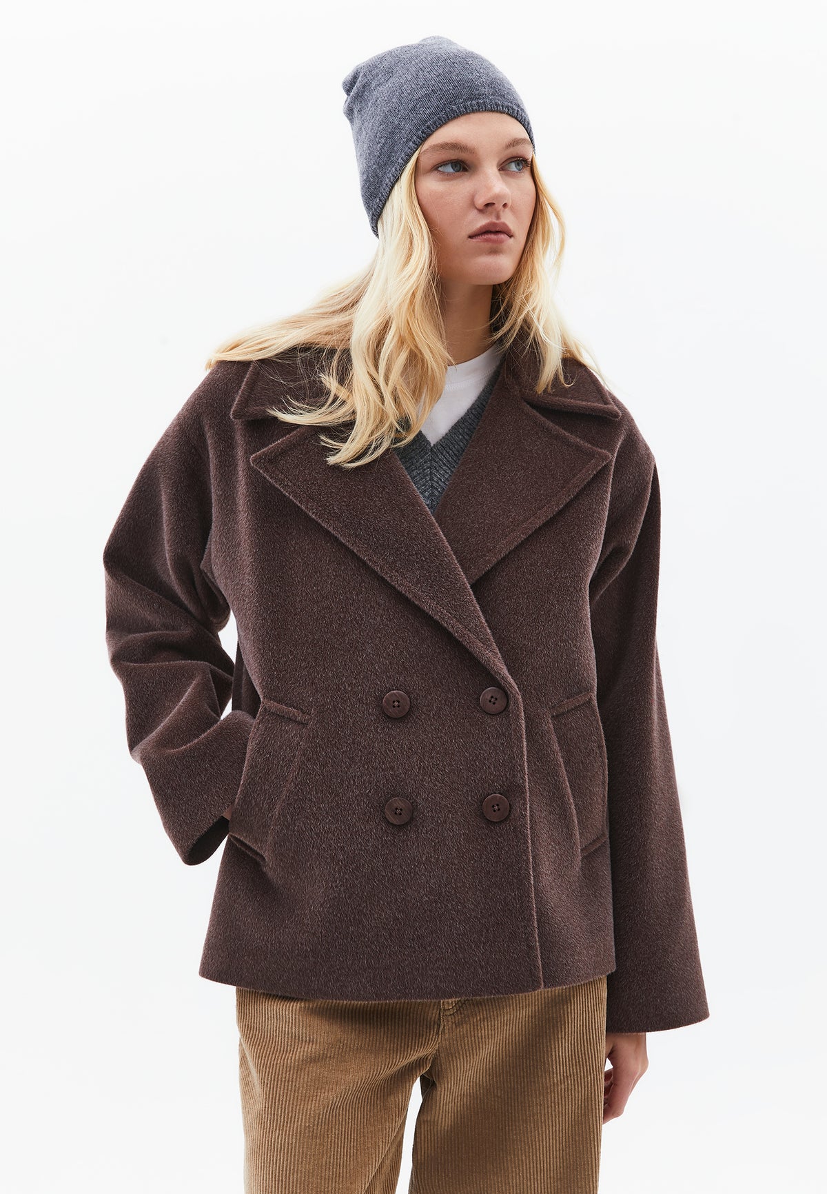 Double-Breasted Collar Button Detailed Coat - Brown