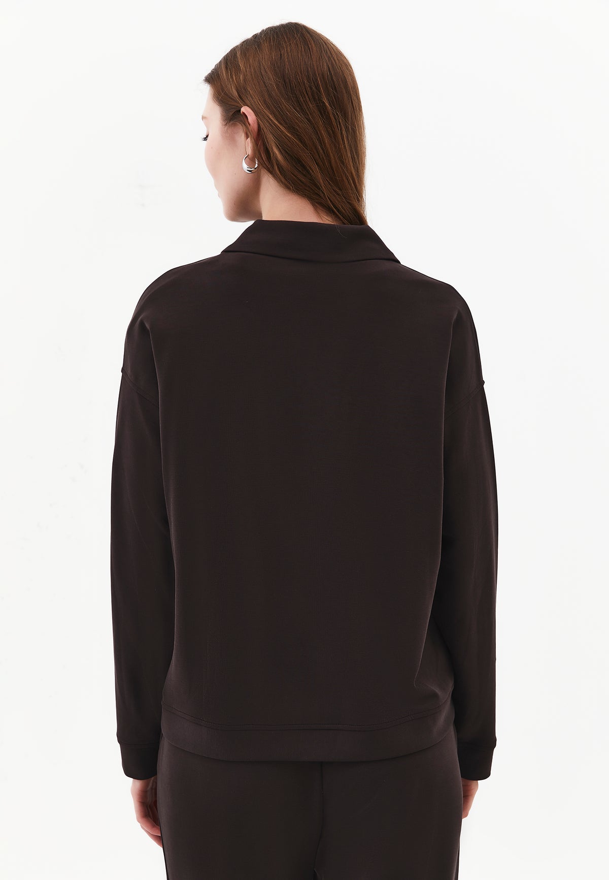 Zip Detail Polo Collar Sweatshirt - CHOCOLATE TORTE