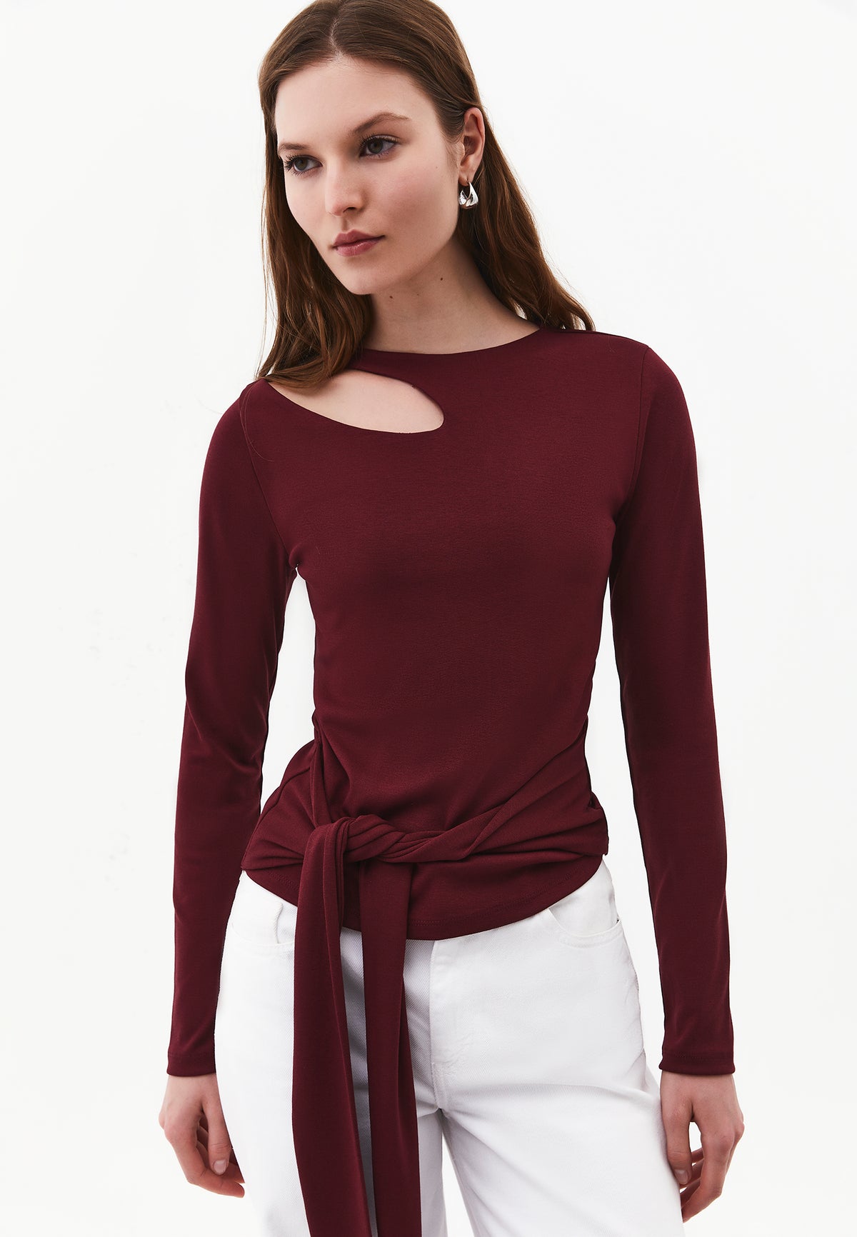Long Sleeve Crew Neck Blouse with Cut-Out and Tie Detail - CHOCOLATE TRUFFLE