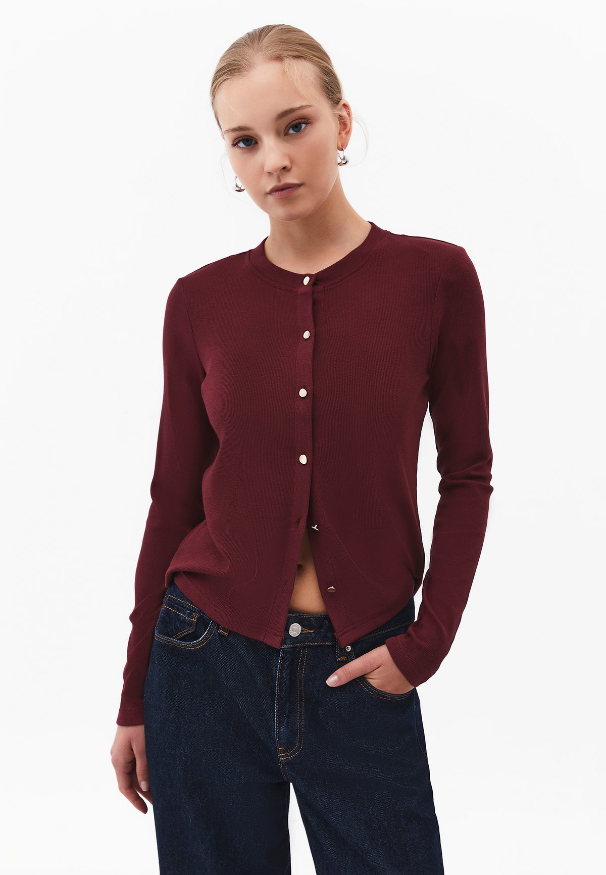 Buttoned Crew Neck Cardigan - CHOCOLATE TRUFFLE