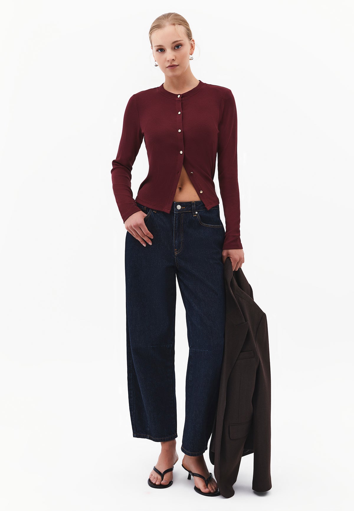 Buttoned Crew Neck Cardigan - CHOCOLATE TRUFFLE
