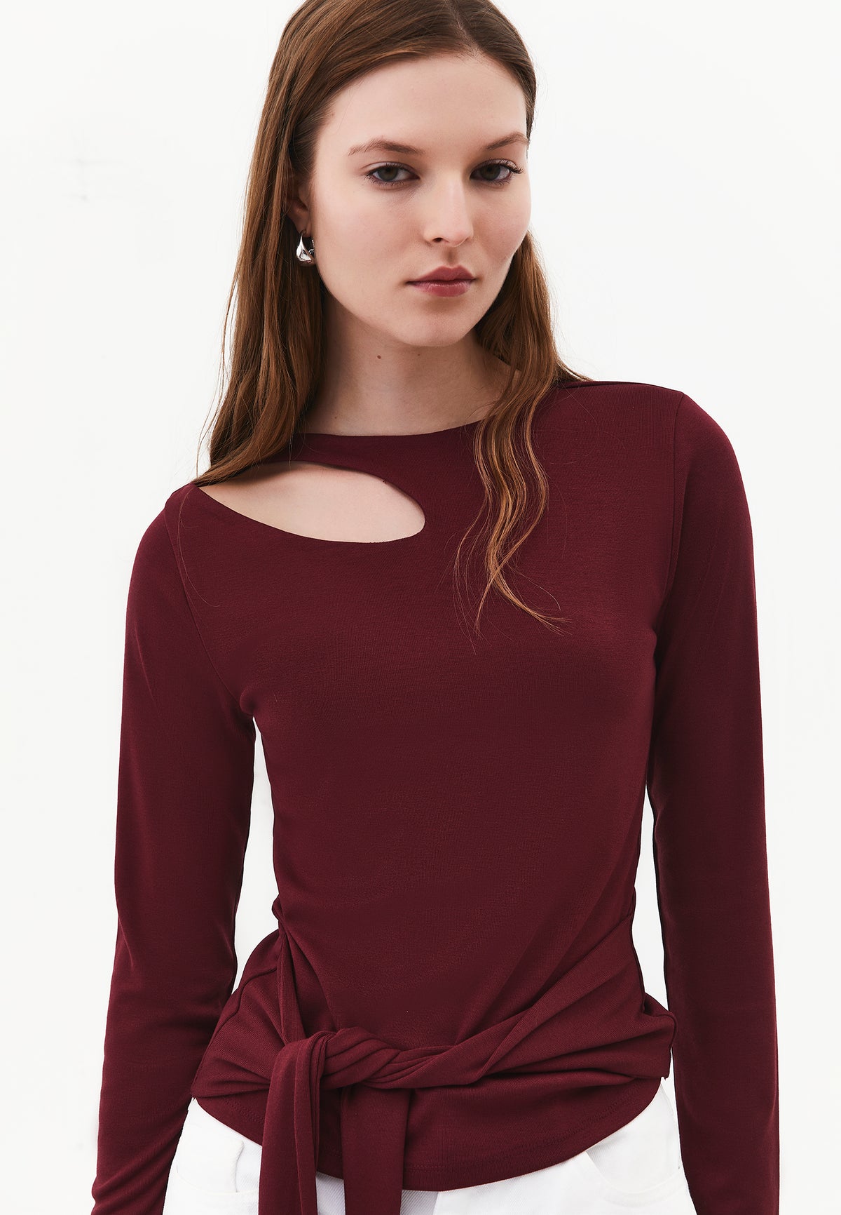 Long Sleeve Crew Neck Blouse with Cut-Out and Tie Detail - CHOCOLATE TRUFFLE