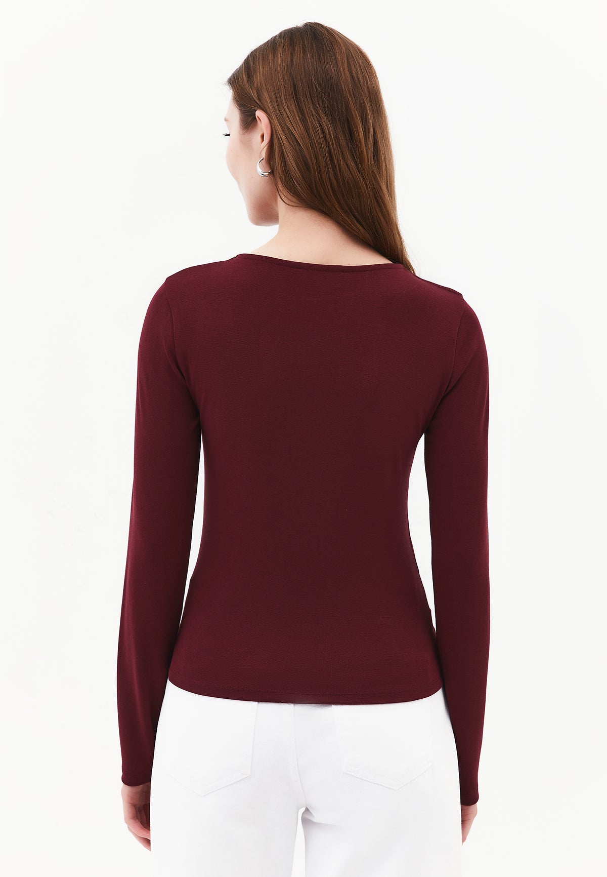 Long Sleeve Crew Neck Blouse with Cut-Out and Tie Detail - CHOCOLATE TRUFFLE