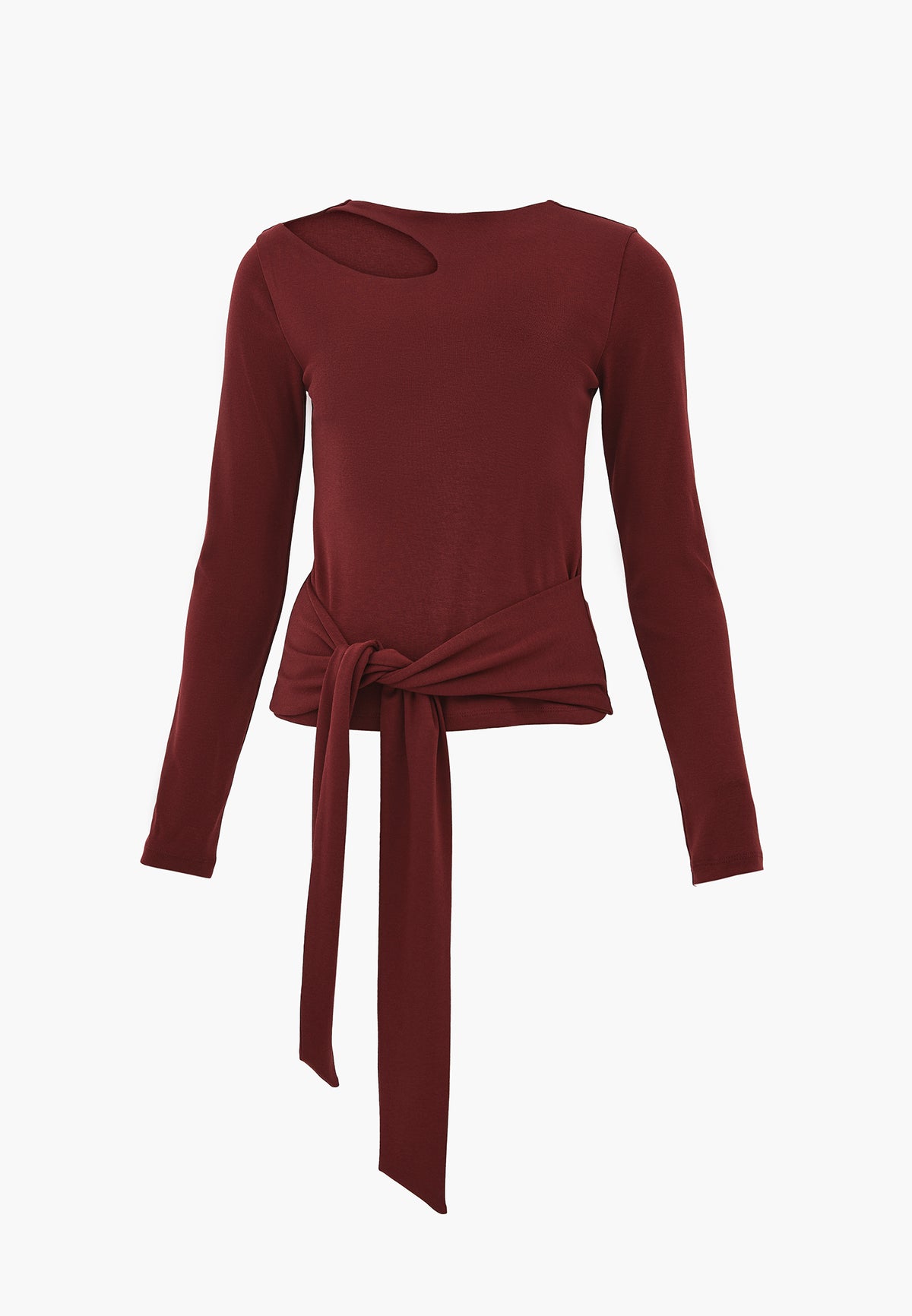 Long Sleeve Crew Neck Blouse with Cut-Out and Tie Detail - CHOCOLATE TRUFFLE