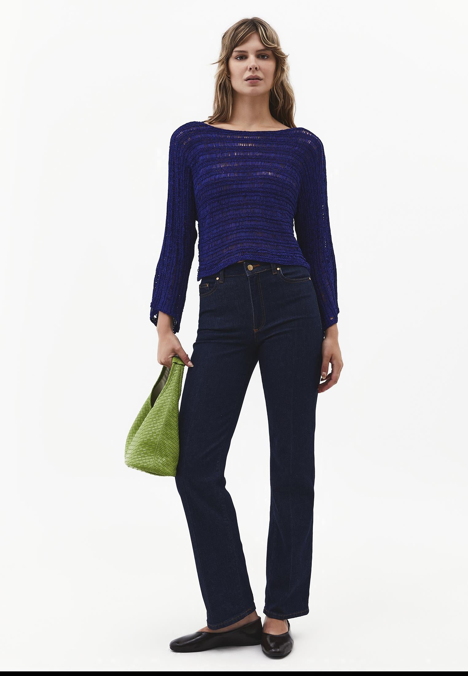 Openwork Boat Neck Long Sleeve Knit Sweater - CLEMATIS BLUE