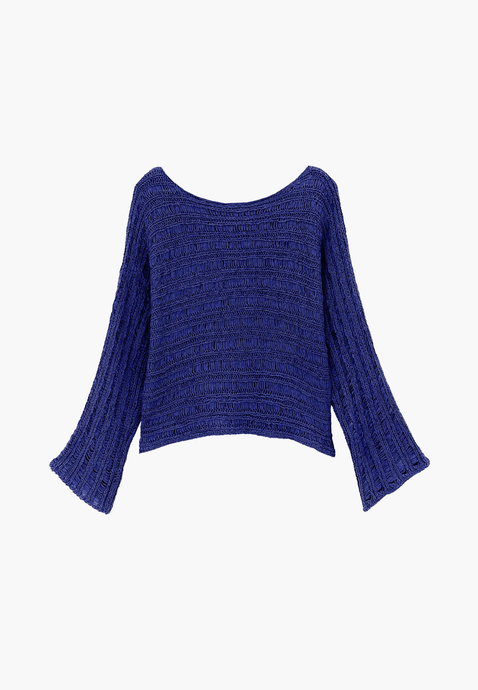 Openwork Boat Neck Long Sleeve Knit Sweater - CLEMATIS BLUE