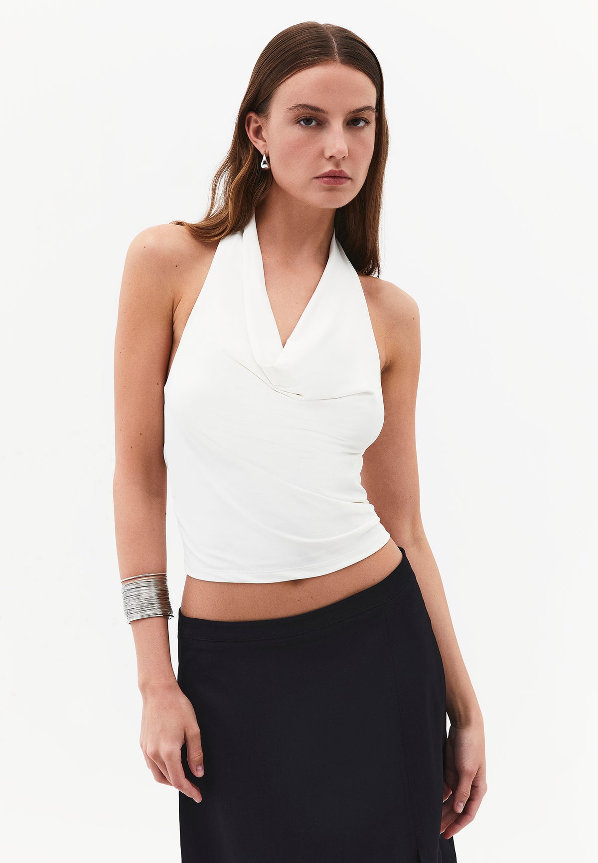 Cowl Neck Bodycon Sleeveless Blouse - CLOUD DANCER