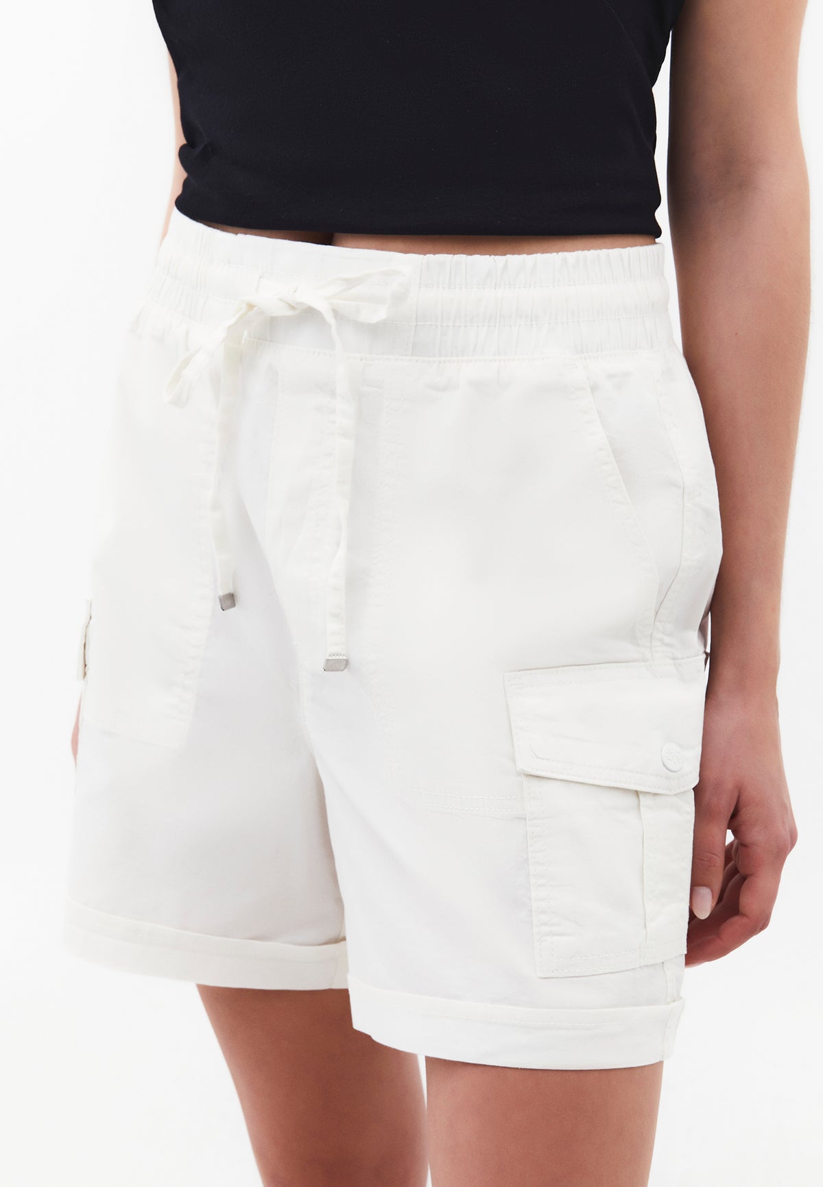 Ultra High Waist Elastic Waistband Tie Shorts - CLOUD DANCER