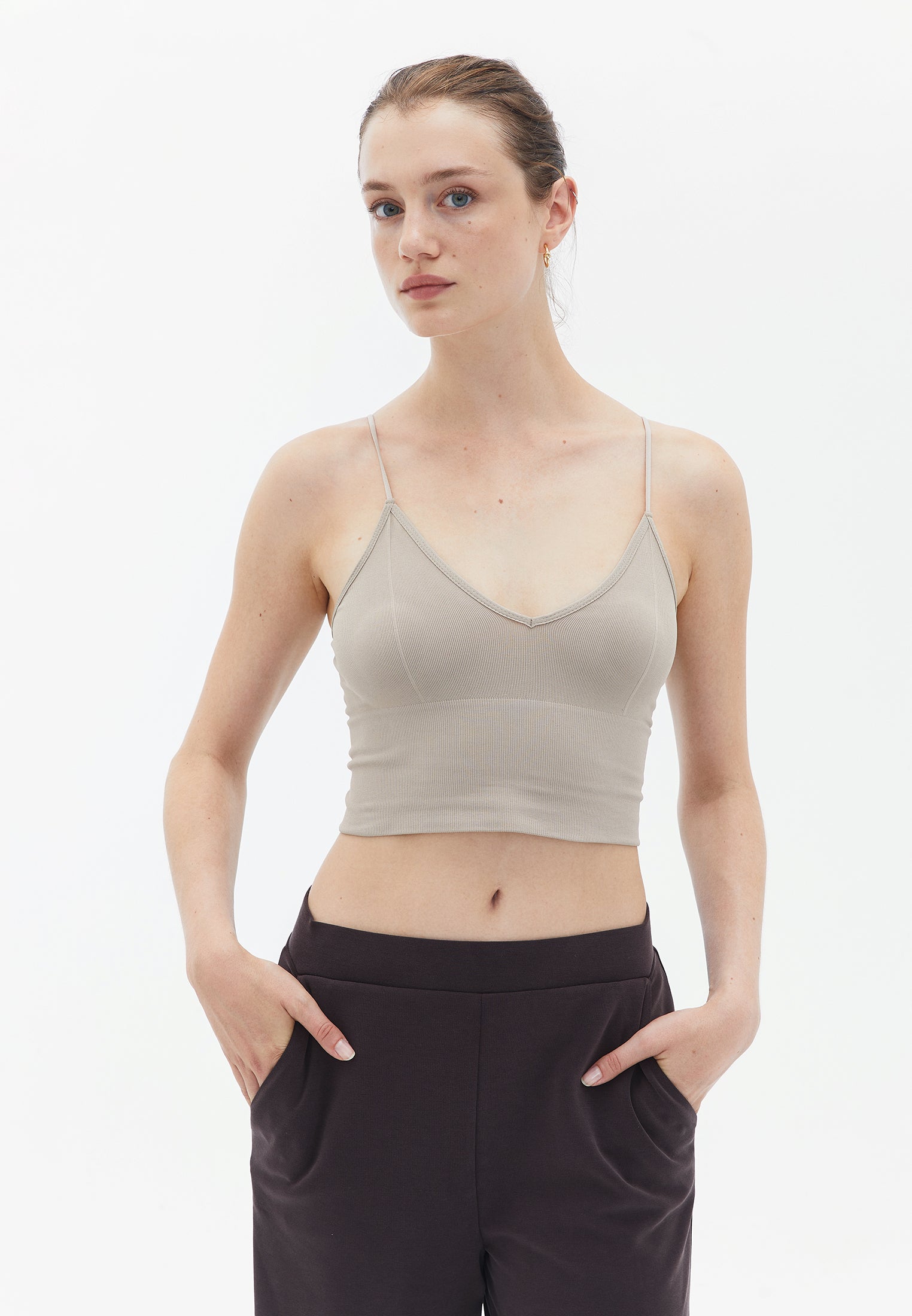 V neck strappy seamless tank top - COBBLESTONE