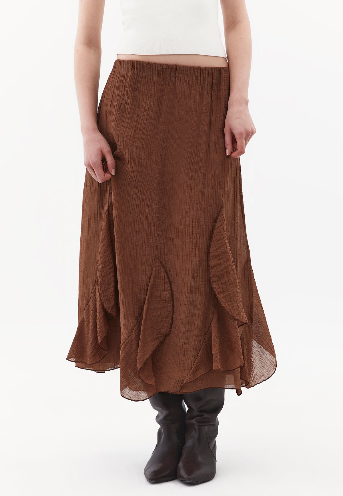 High Waist Ruffled Midi Skirt - Brown