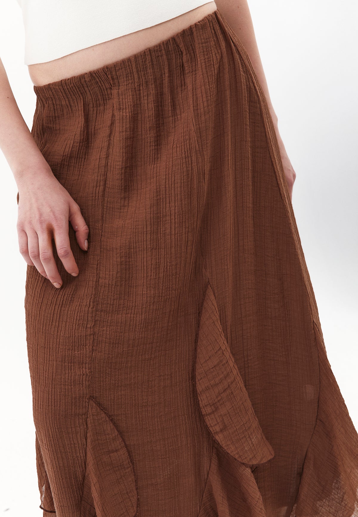 High Waist Ruffled Midi Skirt - Brown