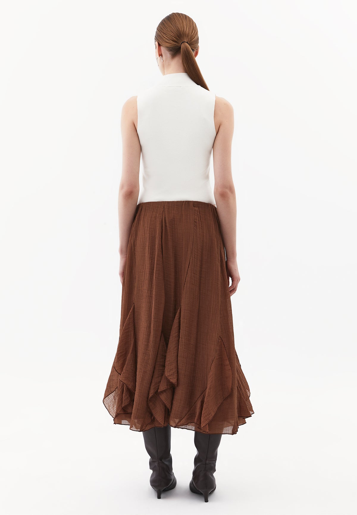 High Waist Ruffled Midi Skirt - Brown
