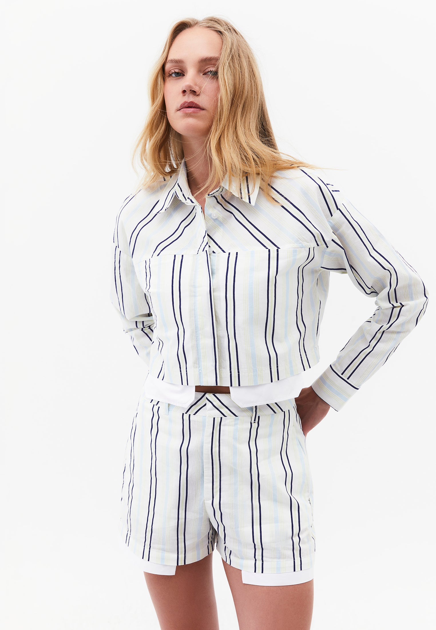 Pocket Detailed Striped Short Shirt - COLOR STRIPE COMB