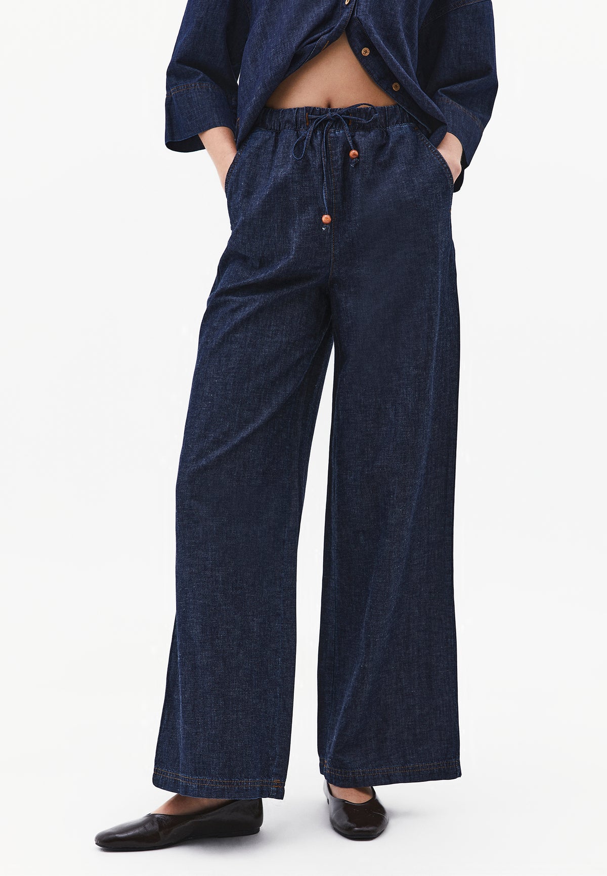 High Waist Wide Leg Denim Pants - DARK BLUE DENIM