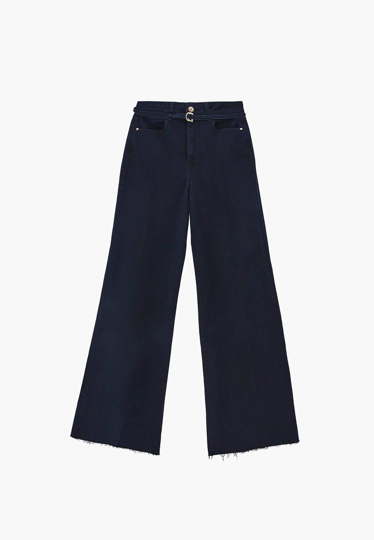 Wide Leg Belted Trousers - Navy Blue