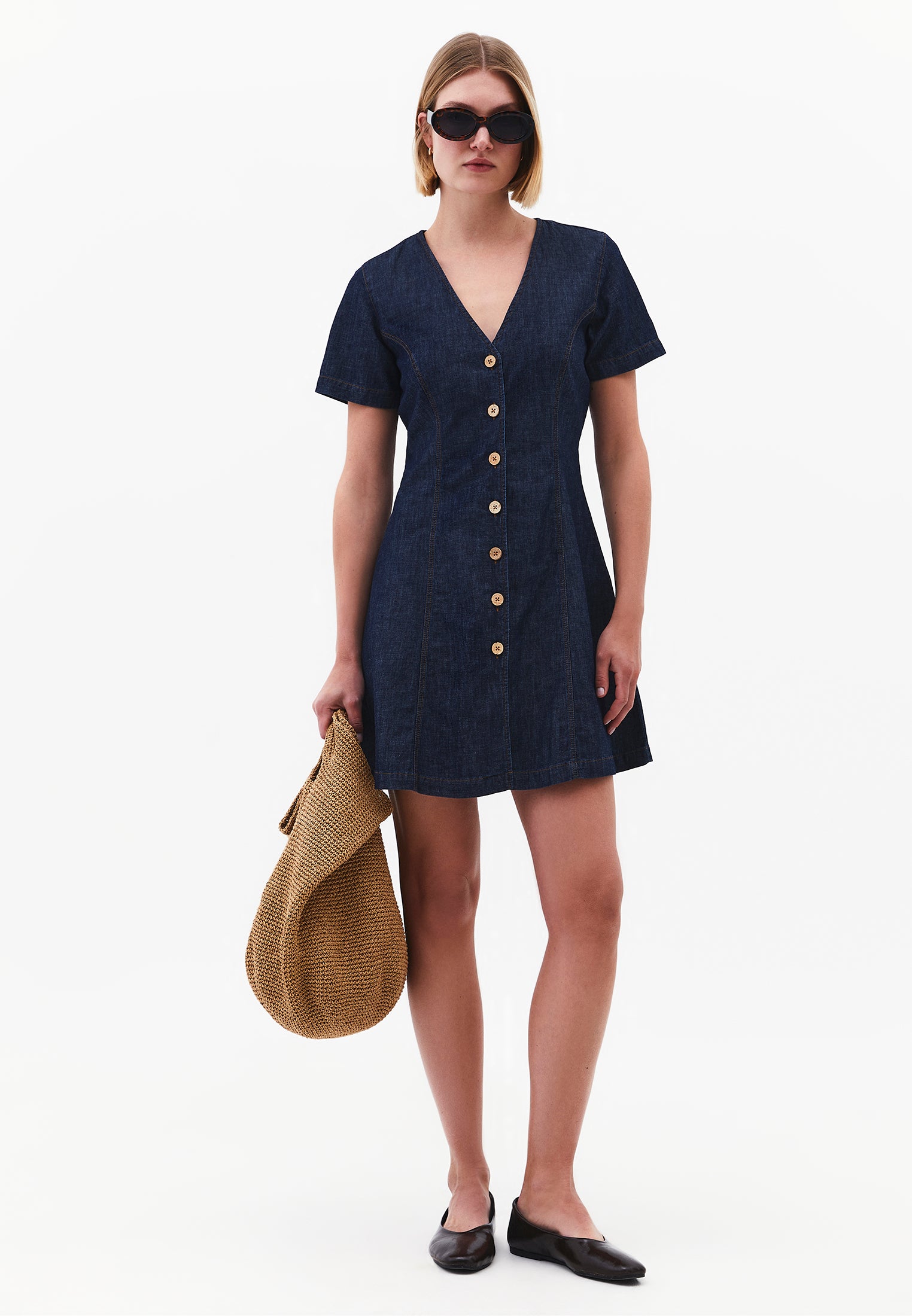 A-Line Short Sleeve V-Neck Button Detail Dress - DARK BLUE