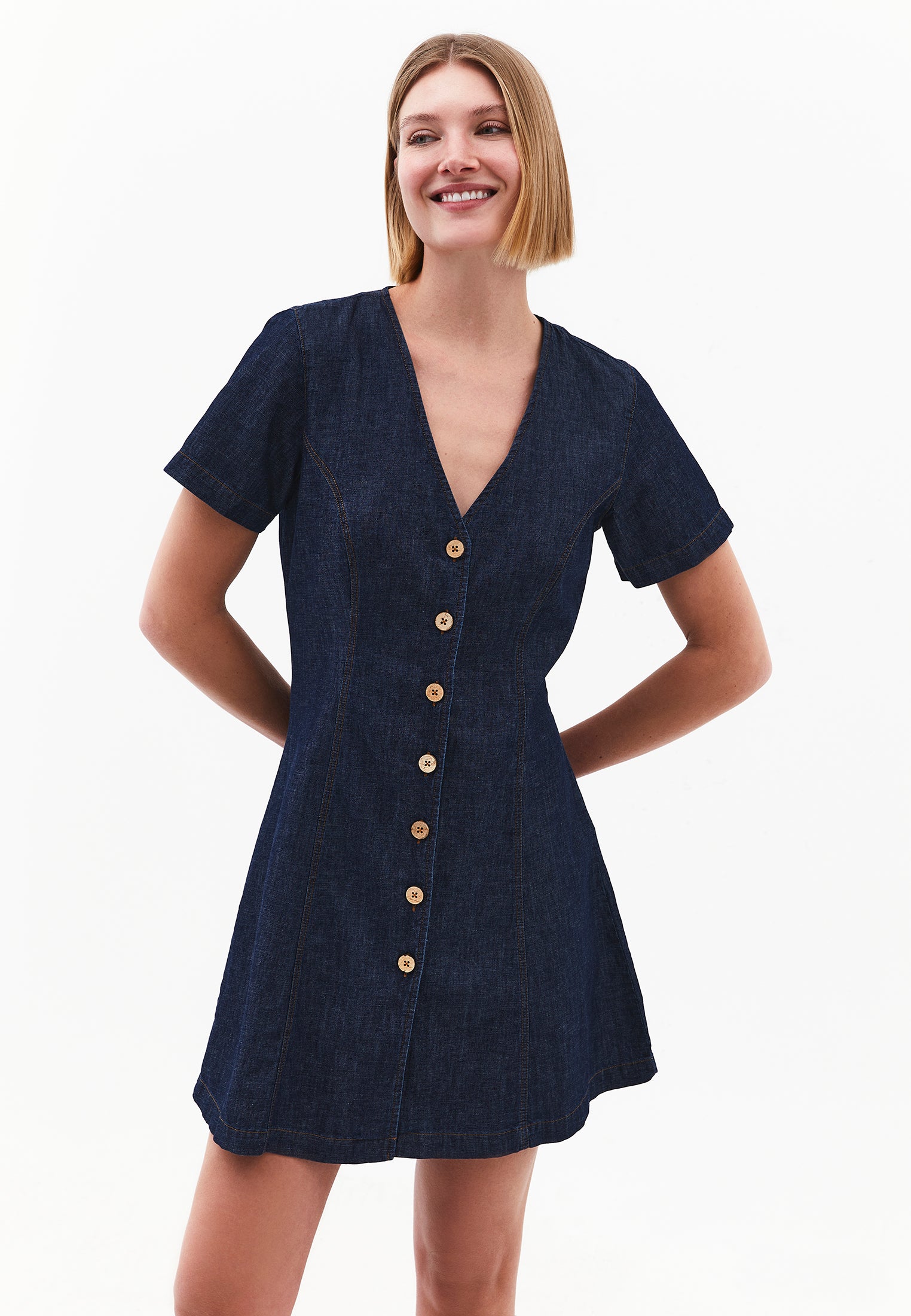 A-Line Short Sleeve V-Neck Button Detail Dress - DARK BLUE