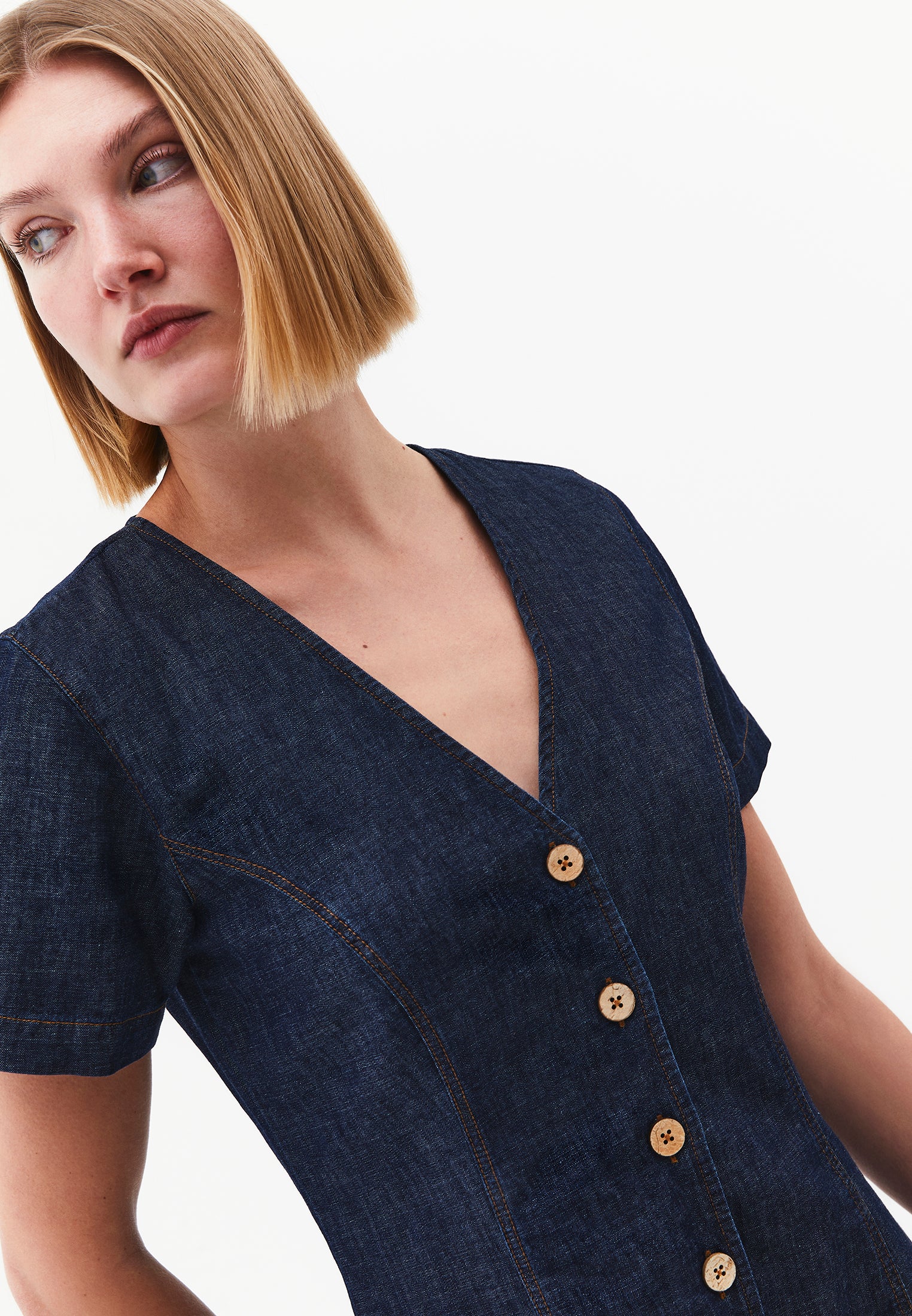 A-Line Short Sleeve V-Neck Button Detail Dress - DARK BLUE
