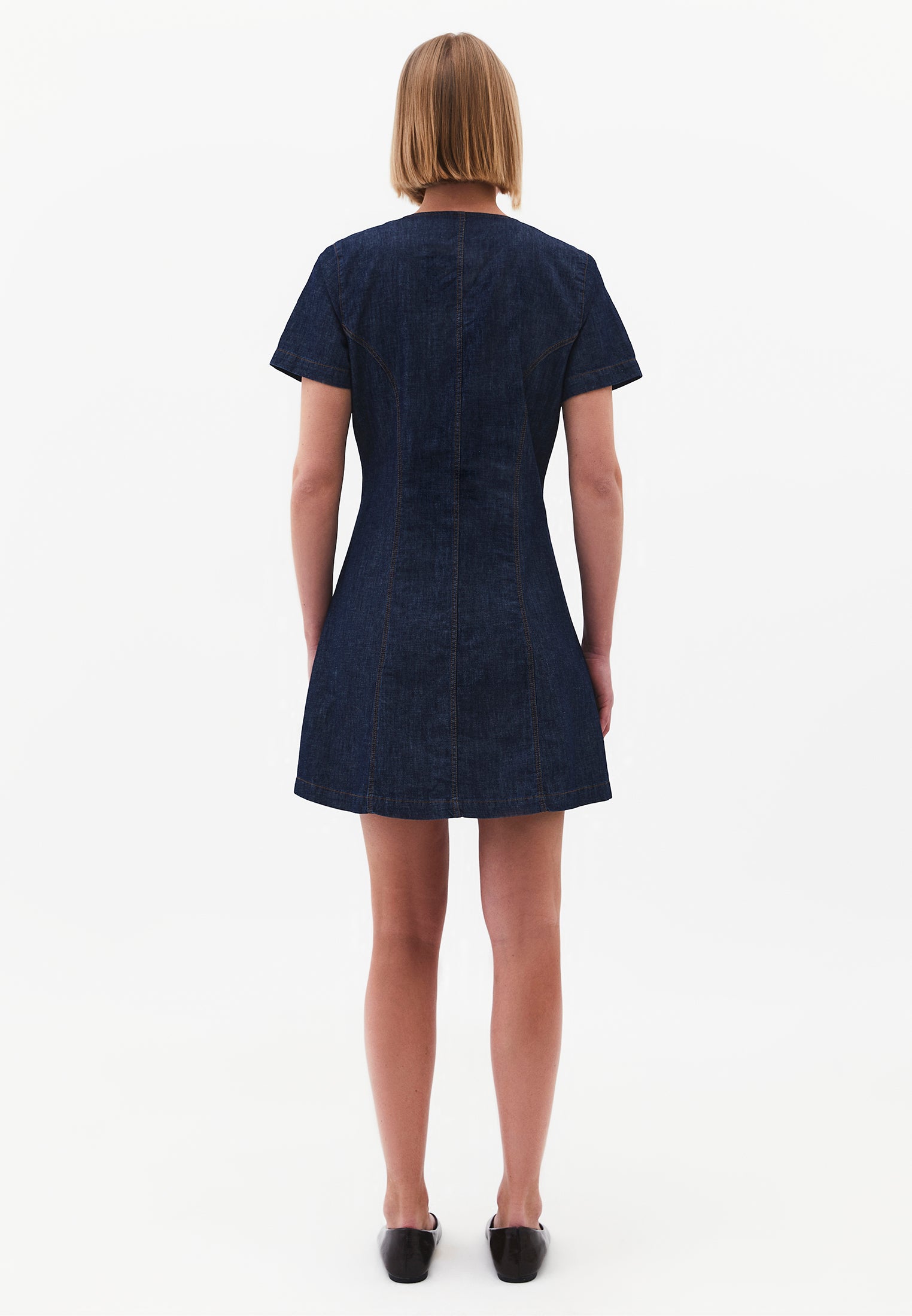 A-Line Short Sleeve V-Neck Button Detail Dress - DARK BLUE
