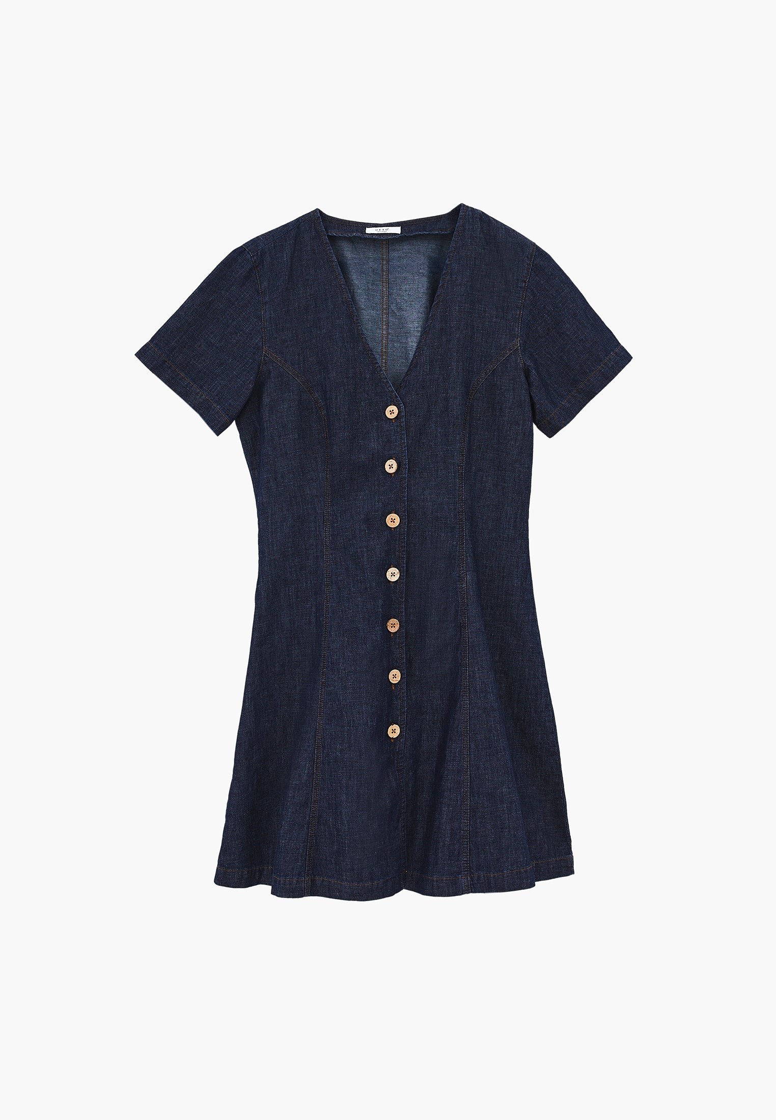 A-Line Short Sleeve V-Neck Button Detail Dress - DARK BLUE