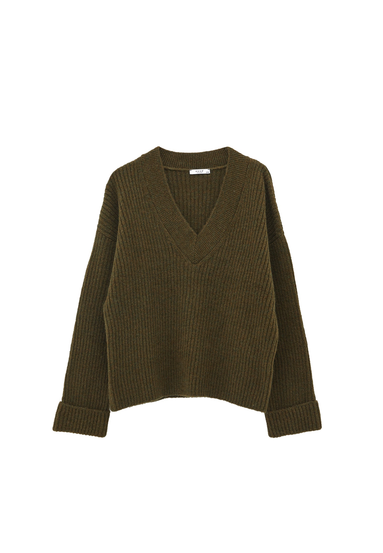 V Neck Knit Sweater - DARK OLIVE