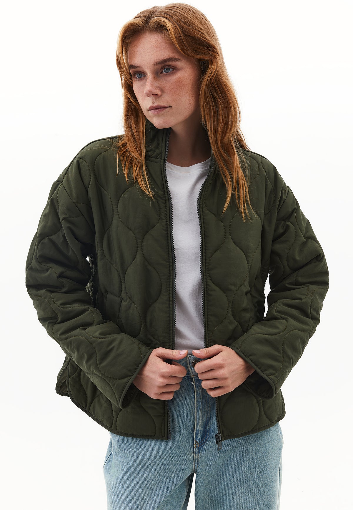 High Collar Quilted Coat - Khaki