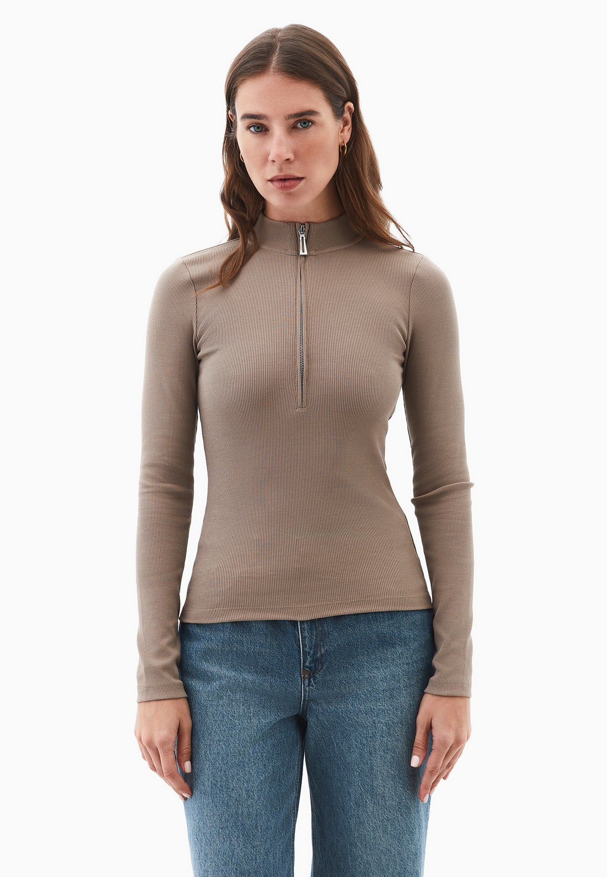 High Neck T-Shirt With Zipper Detail - Beige