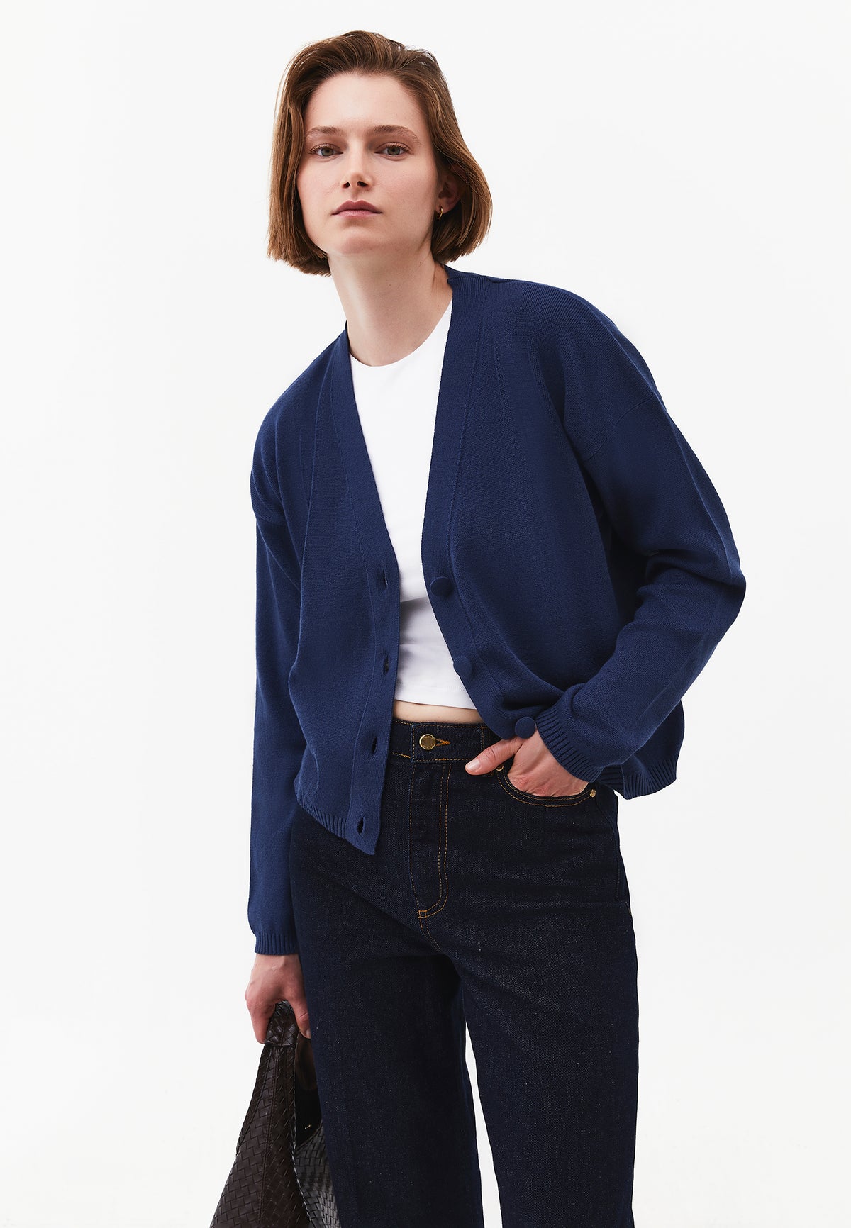 V-Neck Long Sleeve Cardigan - Navy Blue