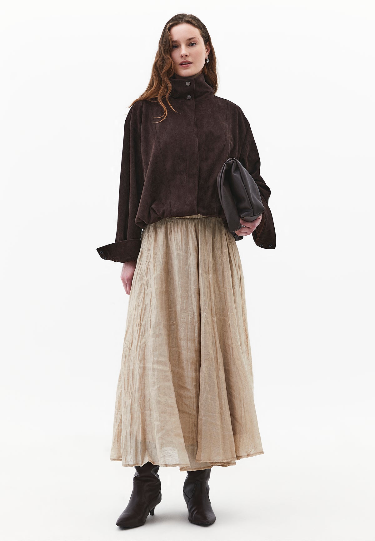 Shiny Flared Long Skirt - Beige