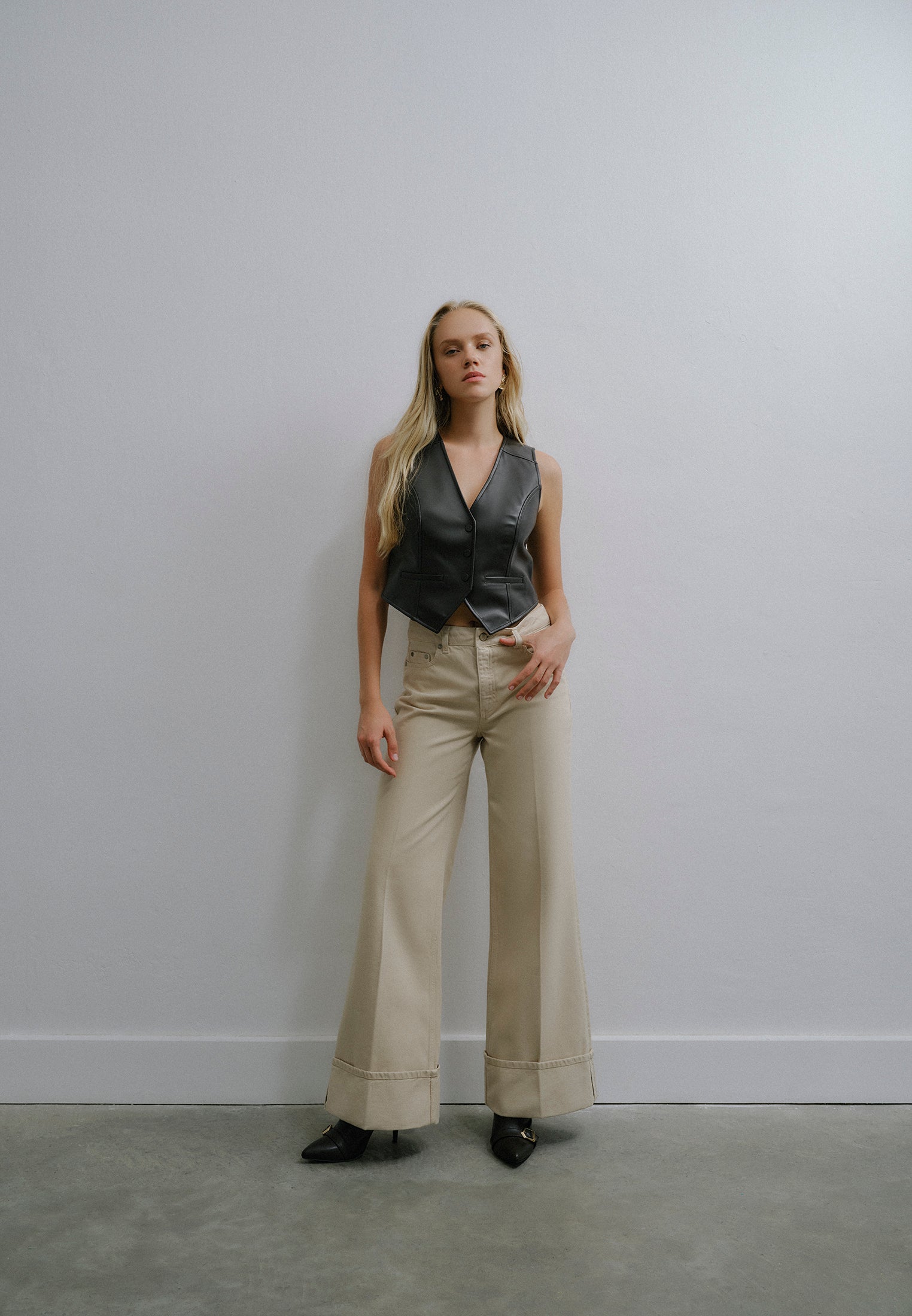 Wide Leg High Waist Pants - FEATHER GRAY