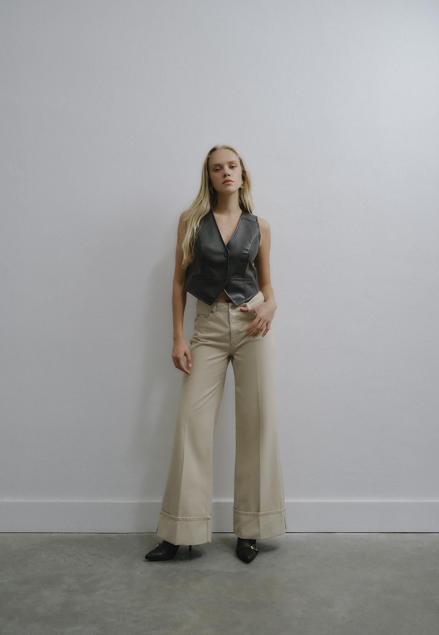 Wide Leg High Waist Pants - FEATHER GRAY