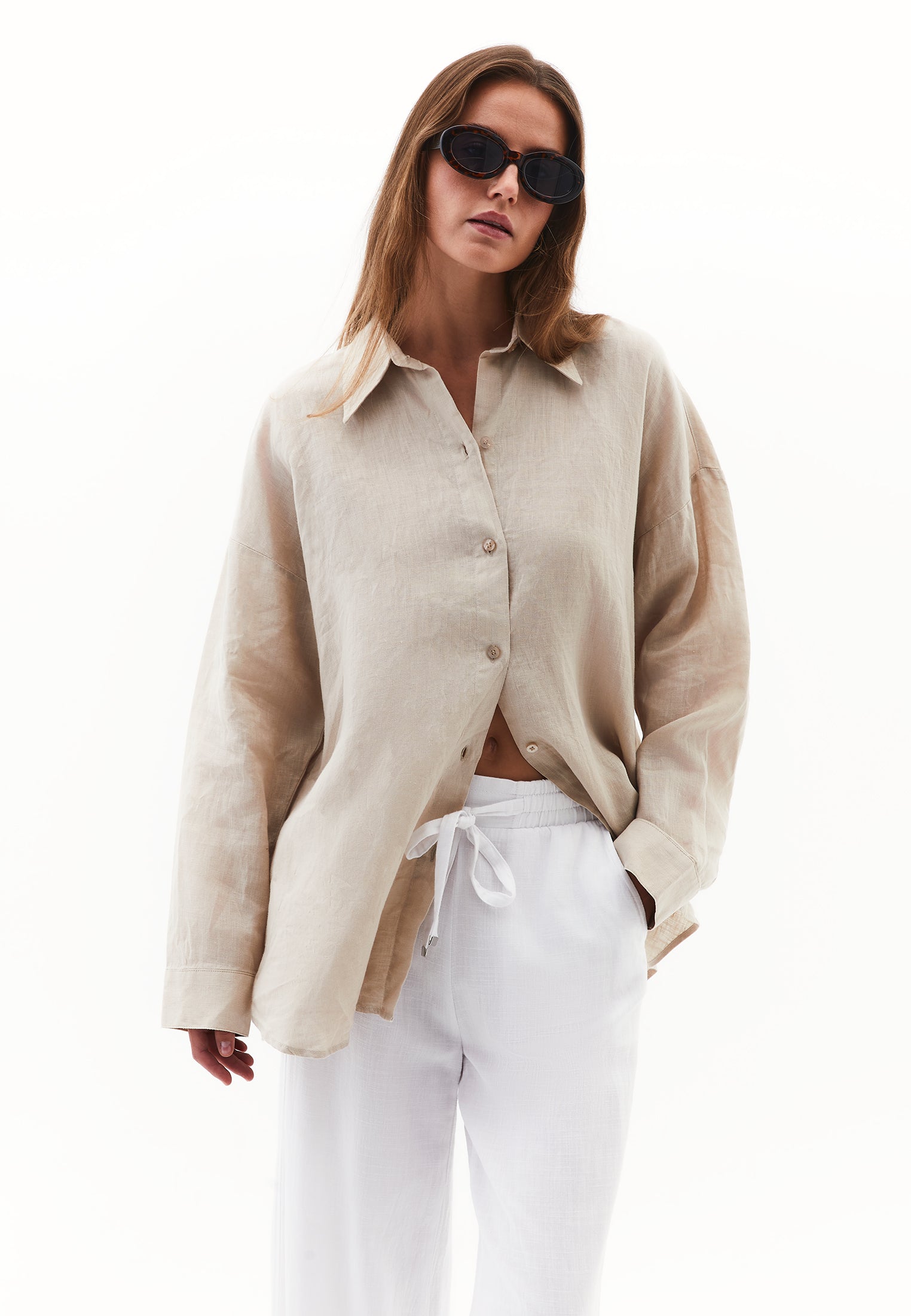 Large mold button linen shirt - FEATHER GRAY