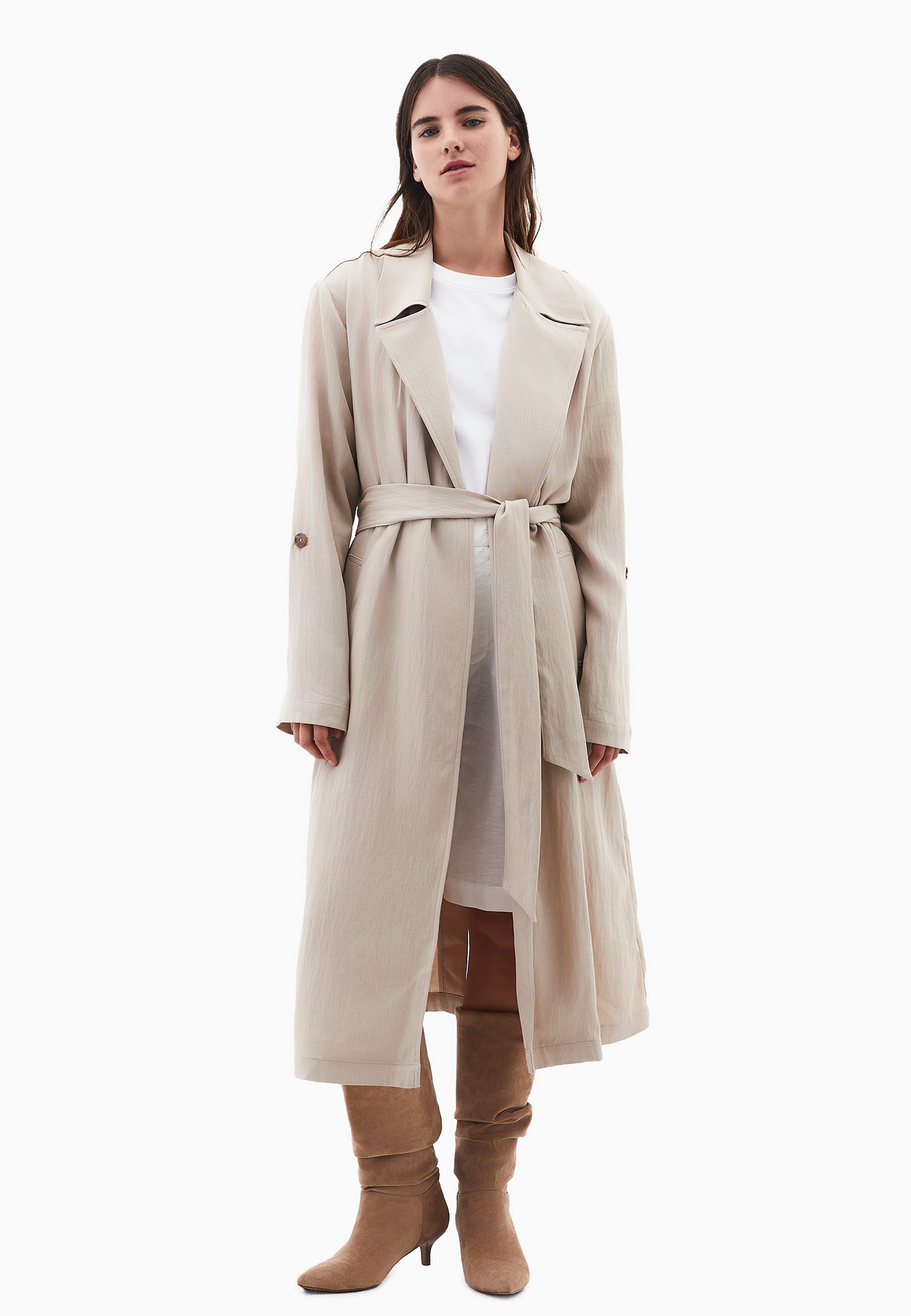 Long belt detailed coat - FEATHER GRAY