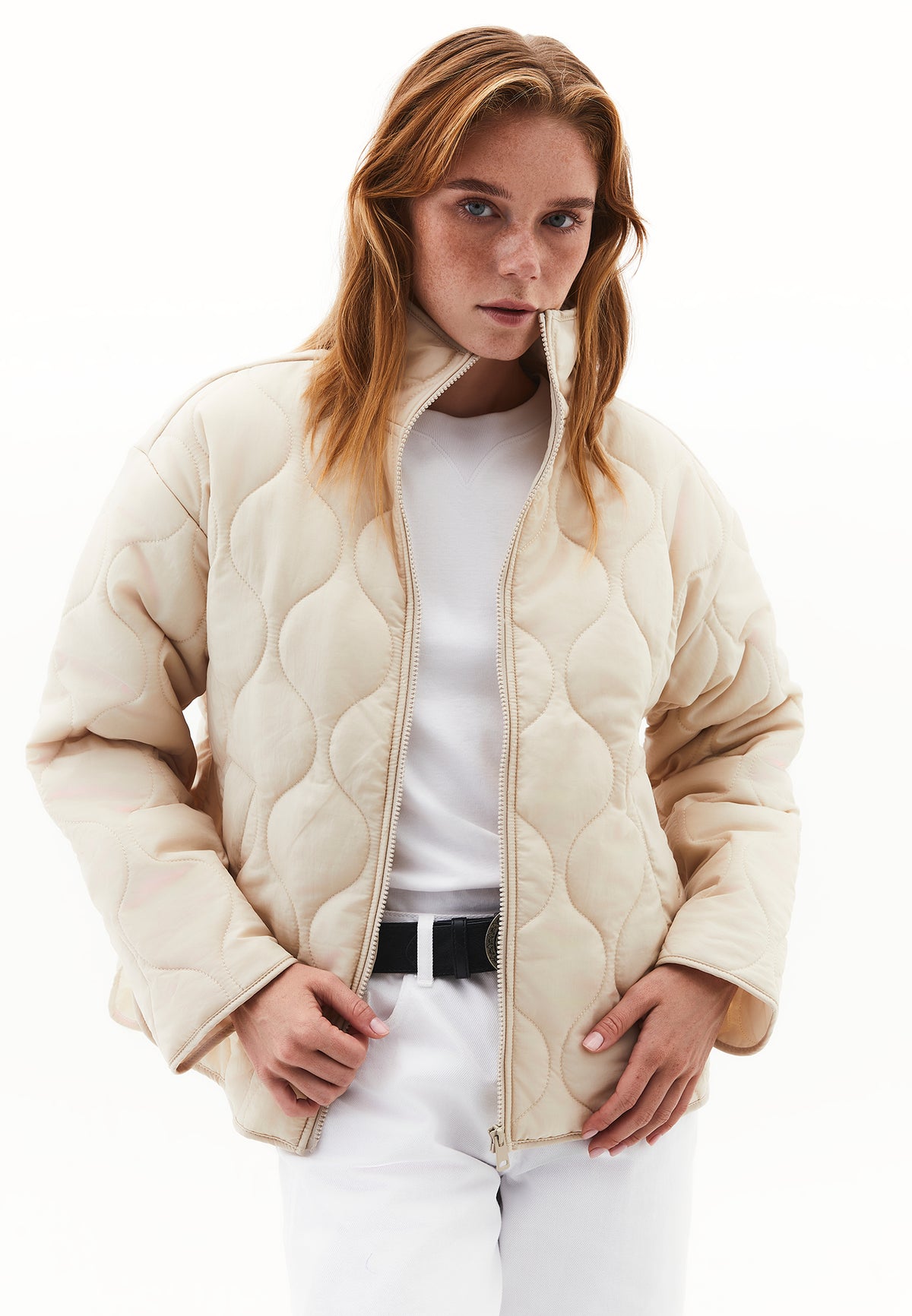 High Collar Quilted Coat - Beige