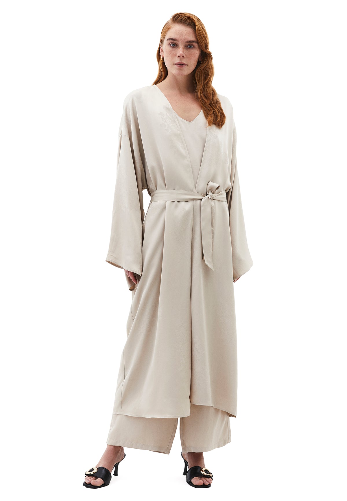 Long Embroidered Detail Oversize Kimono - Beige