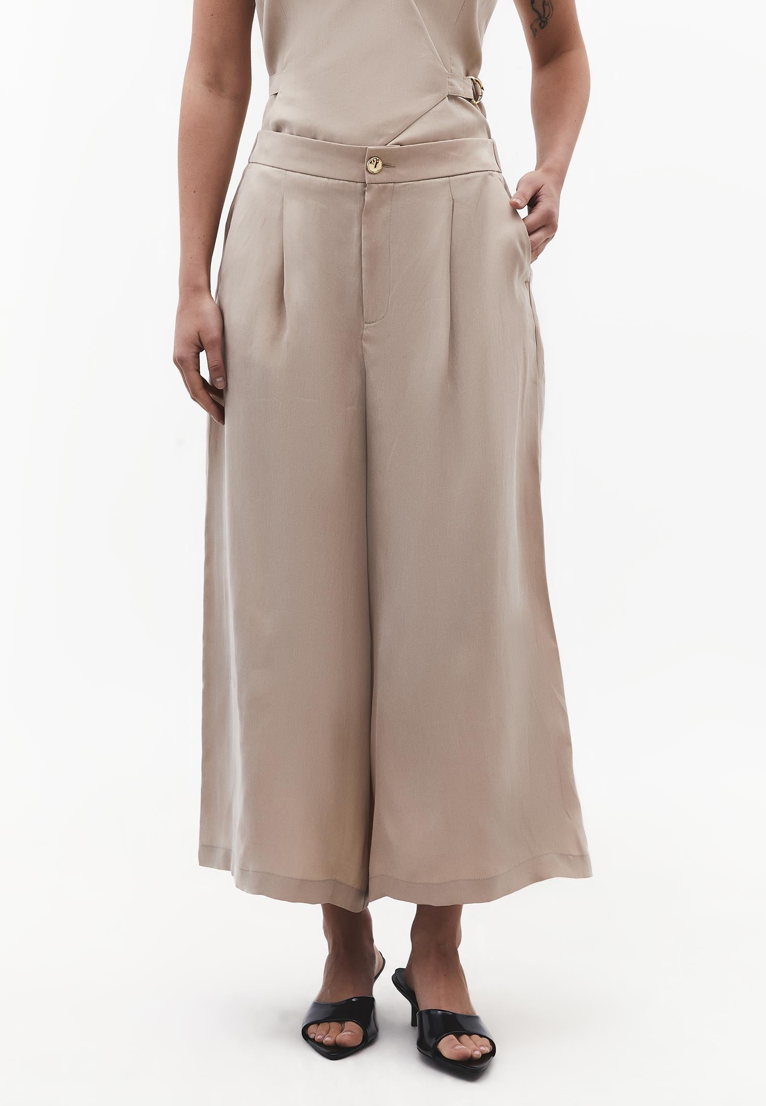 Wide Leg High Waist Trousers with Pleat Details - FEATHER GRAY