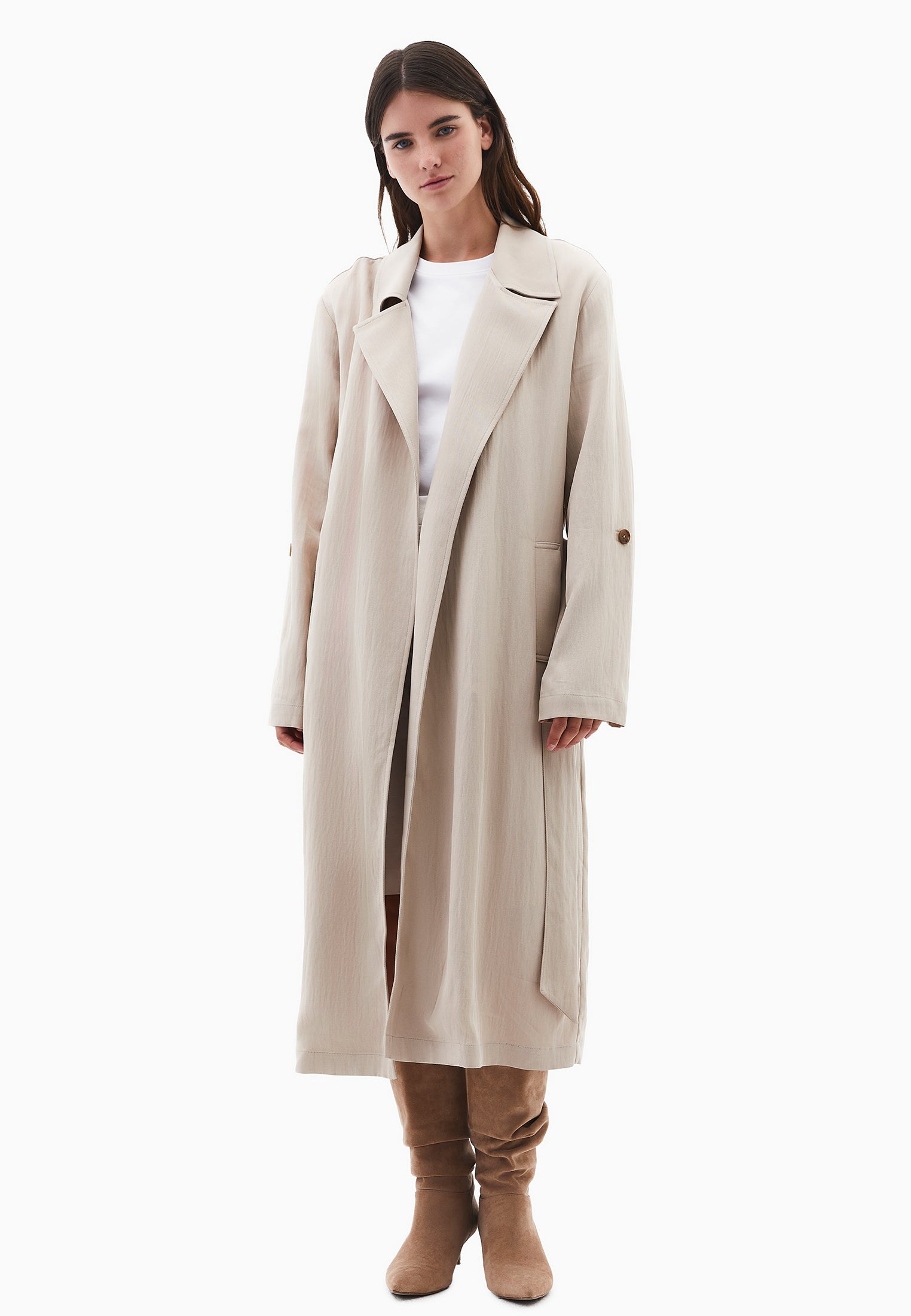 Long belt detailed coat - FEATHER GRAY