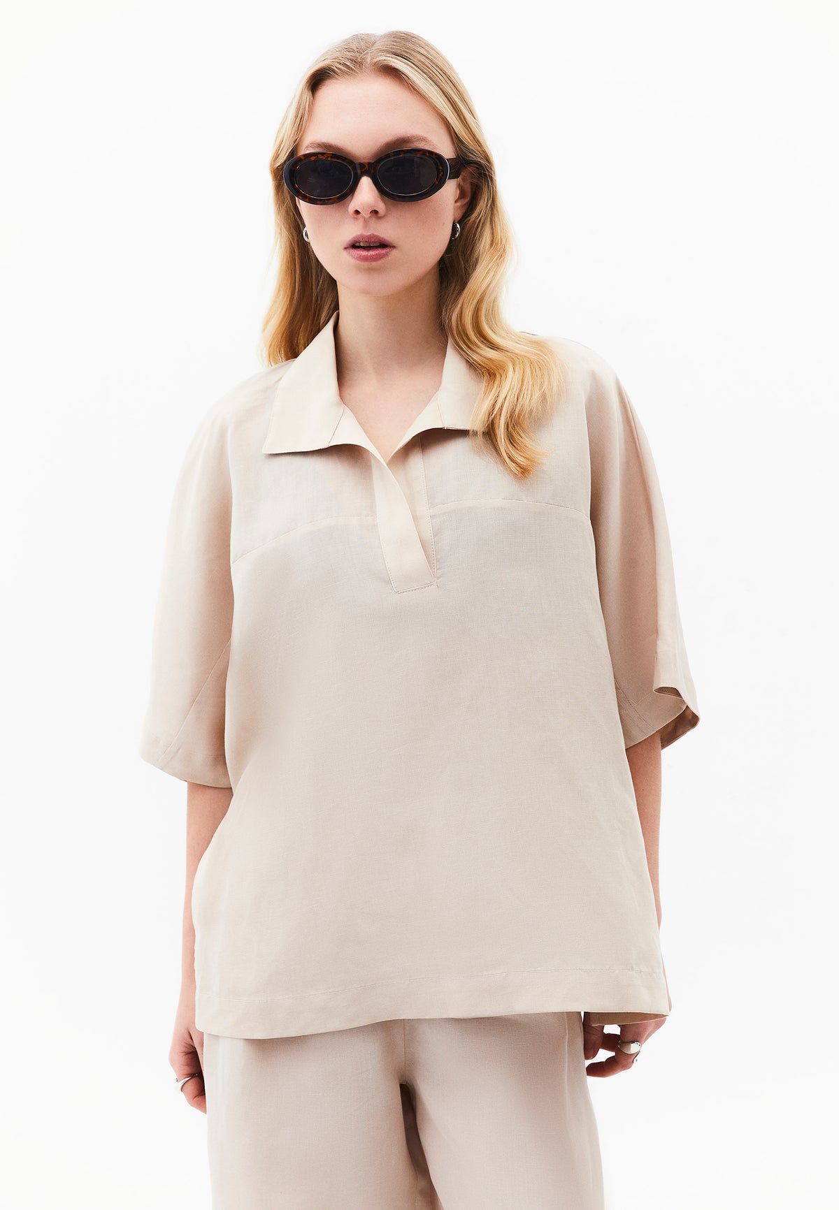 Polo Neck Batwing Sleeve Oversize Blouse - Beige