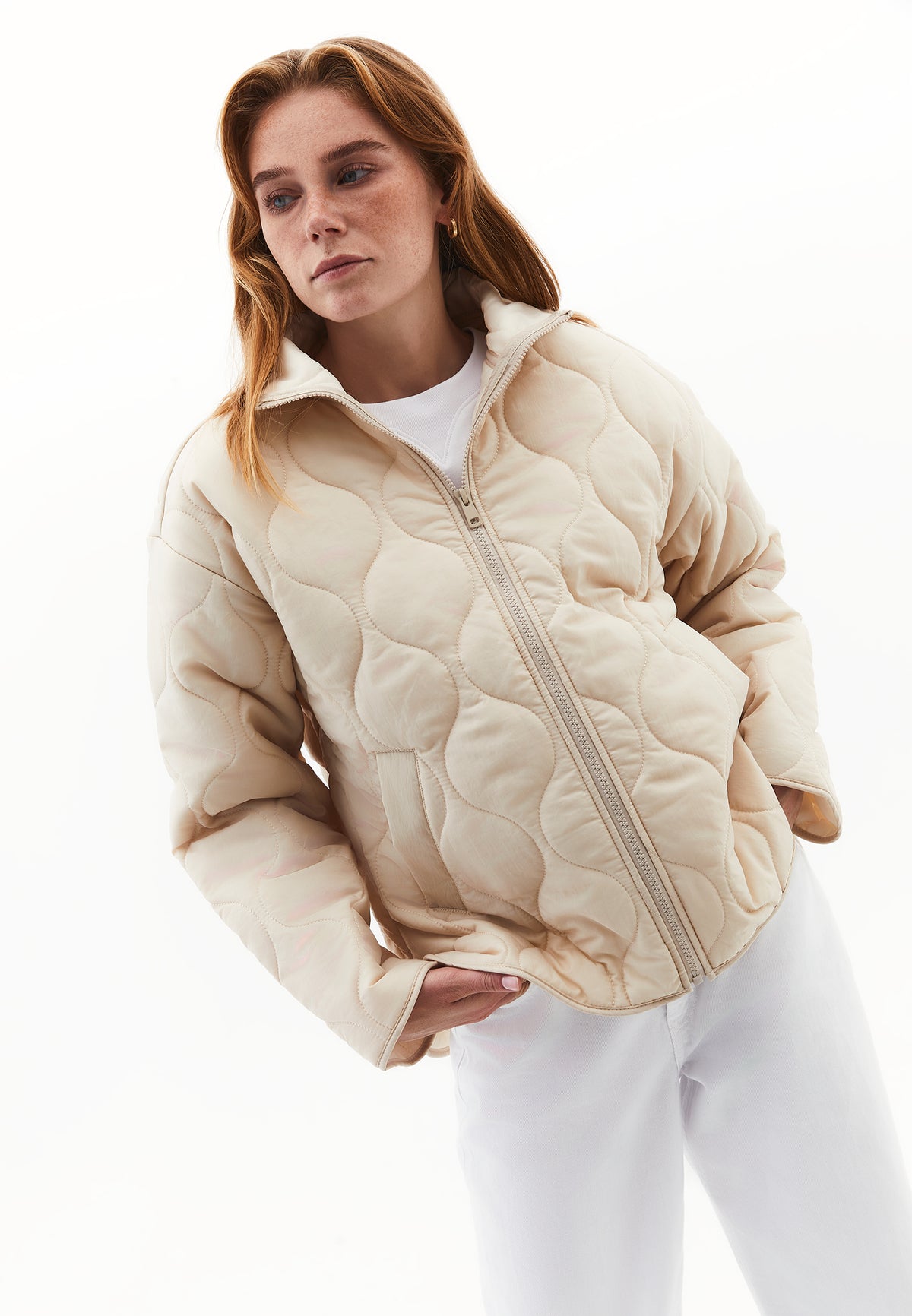 High Collar Quilted Coat - Beige