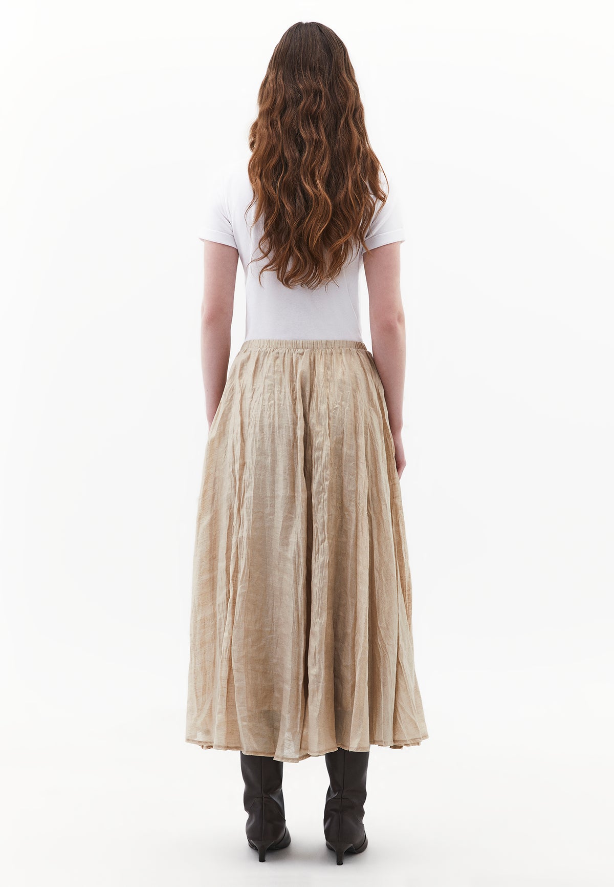 Shiny Flared Long Skirt - Beige