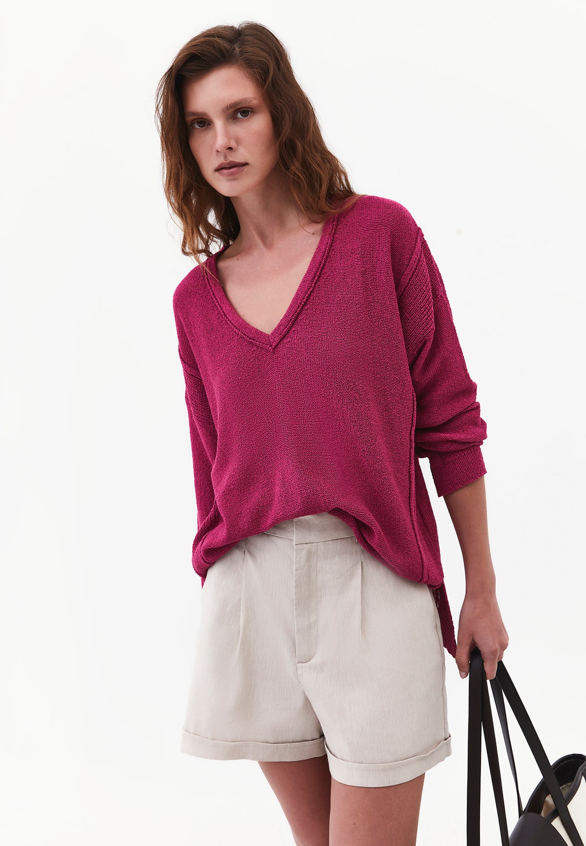 Oversize Tunic Sweater V Neck - FESTIVAL FUCHSIA
