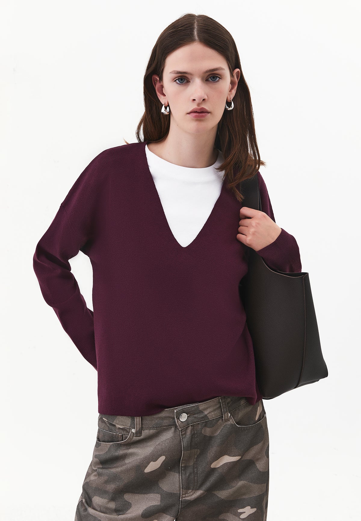 V Neck Long Sleeve Sweater - FIG