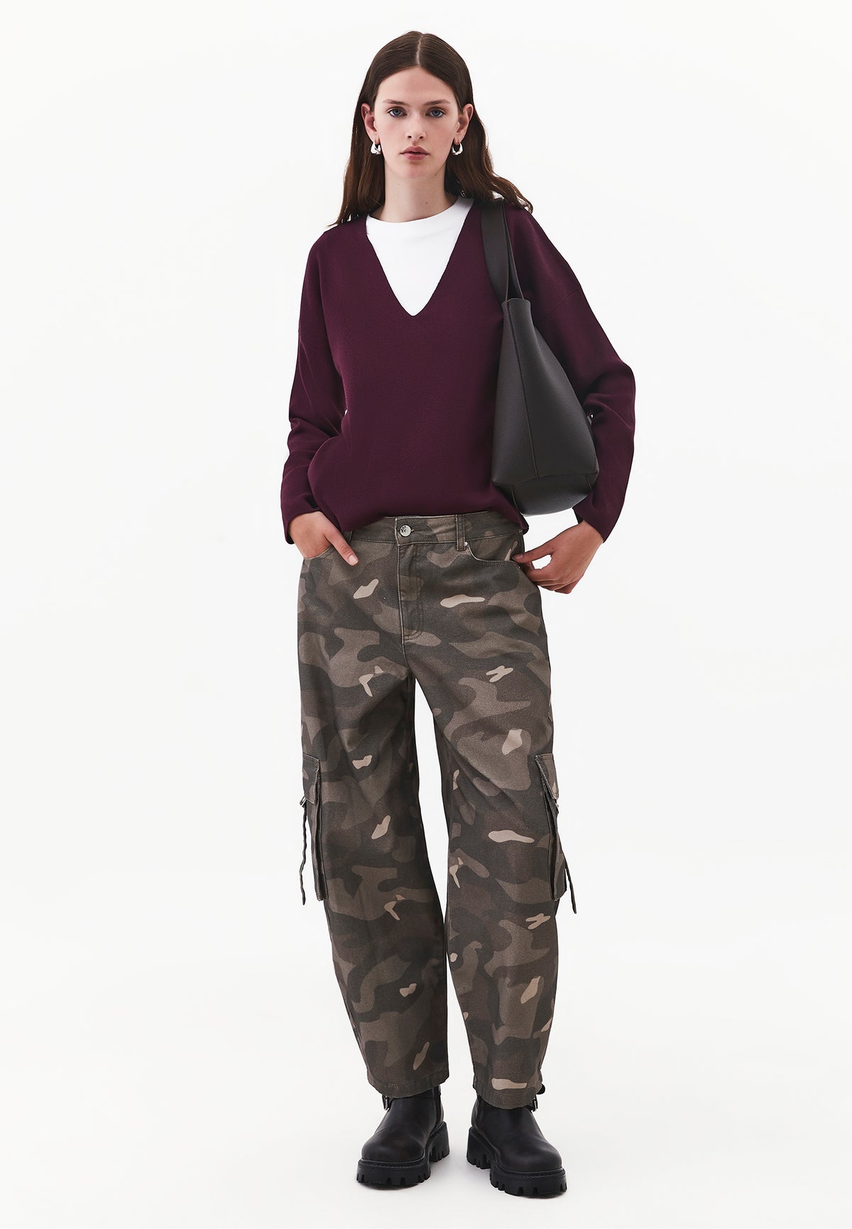 V Neck Long Sleeve Sweater - FIG