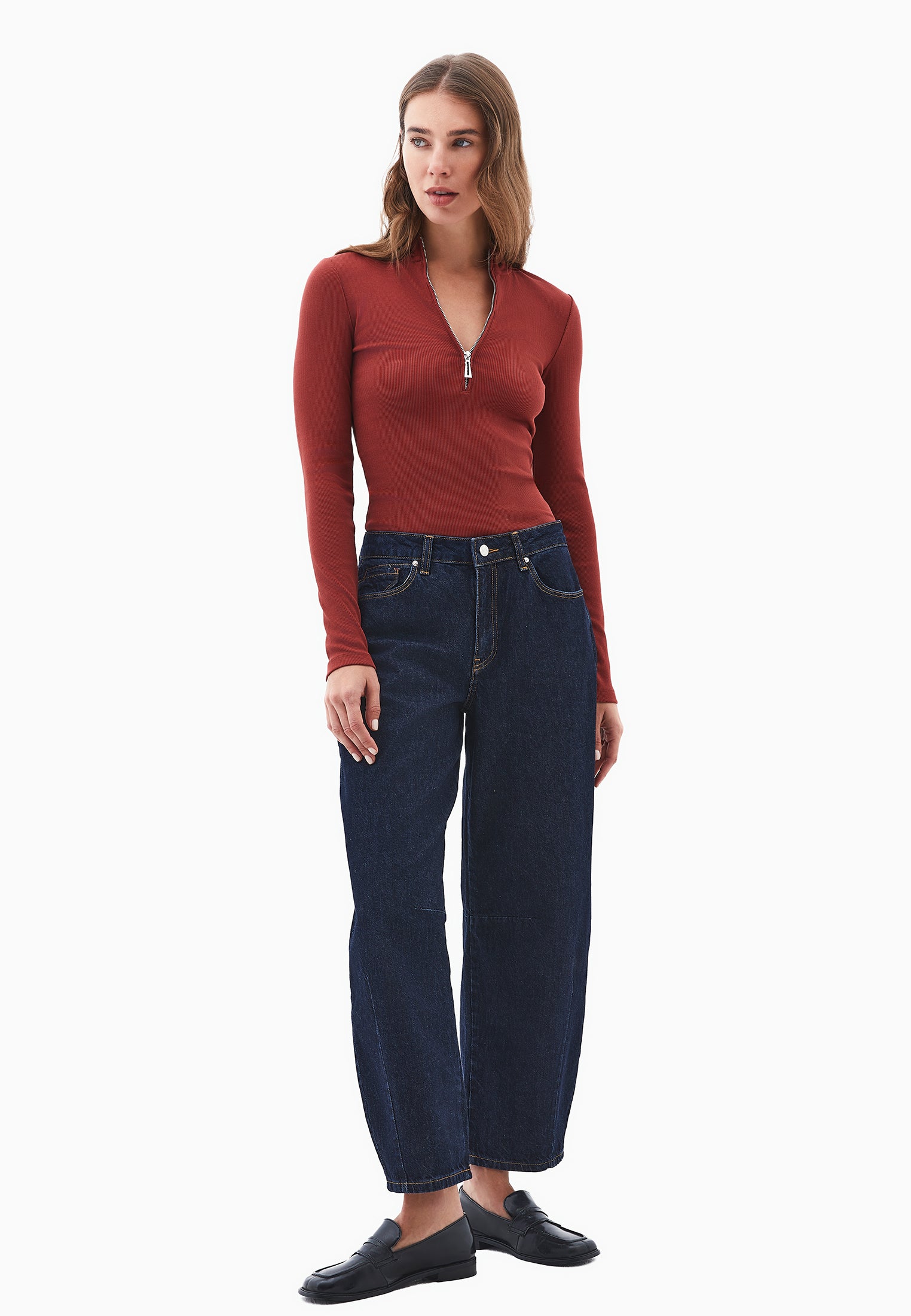 Zipper detailed high neck t-shirt - FIRED BRICK