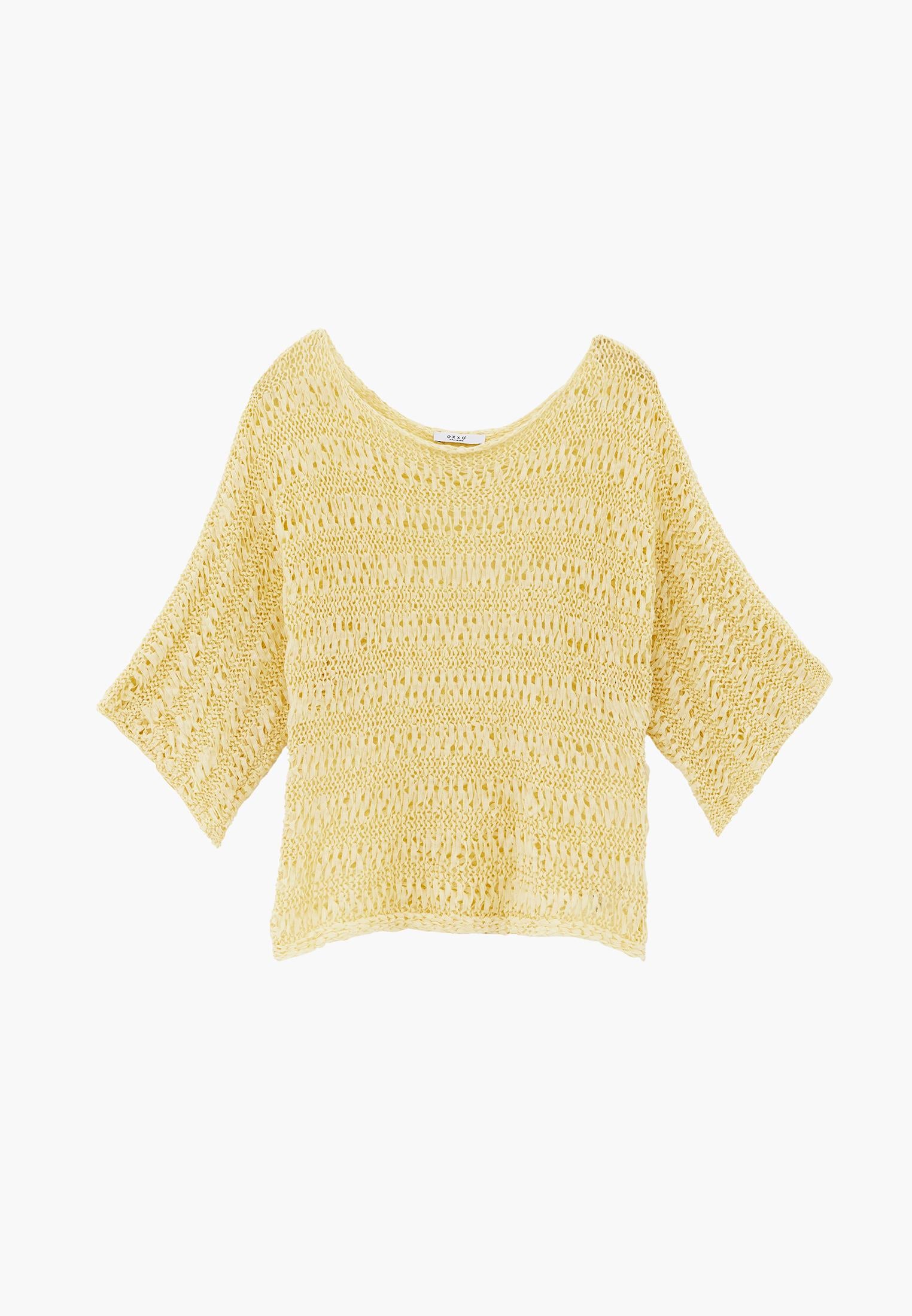 Openwork Batwing Sleeve Boat Neck Cropped Blouse - FLAN