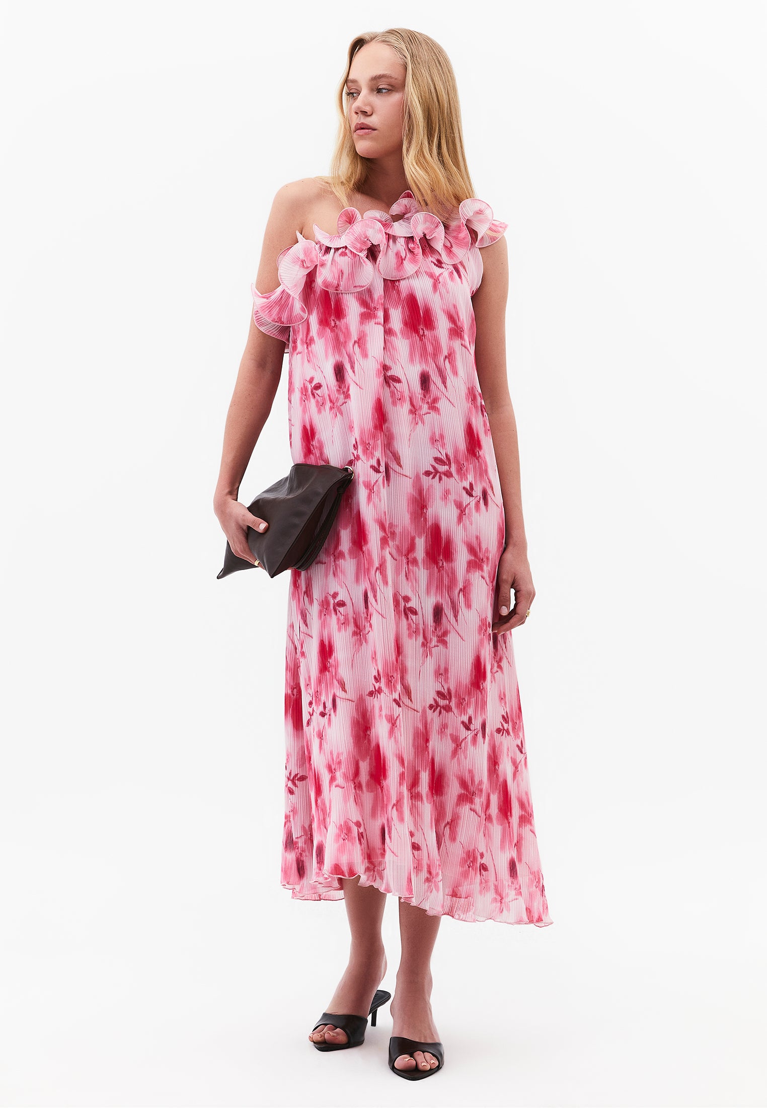 One Shoulder Pleated Printed Long Dress - FLORAL COMB