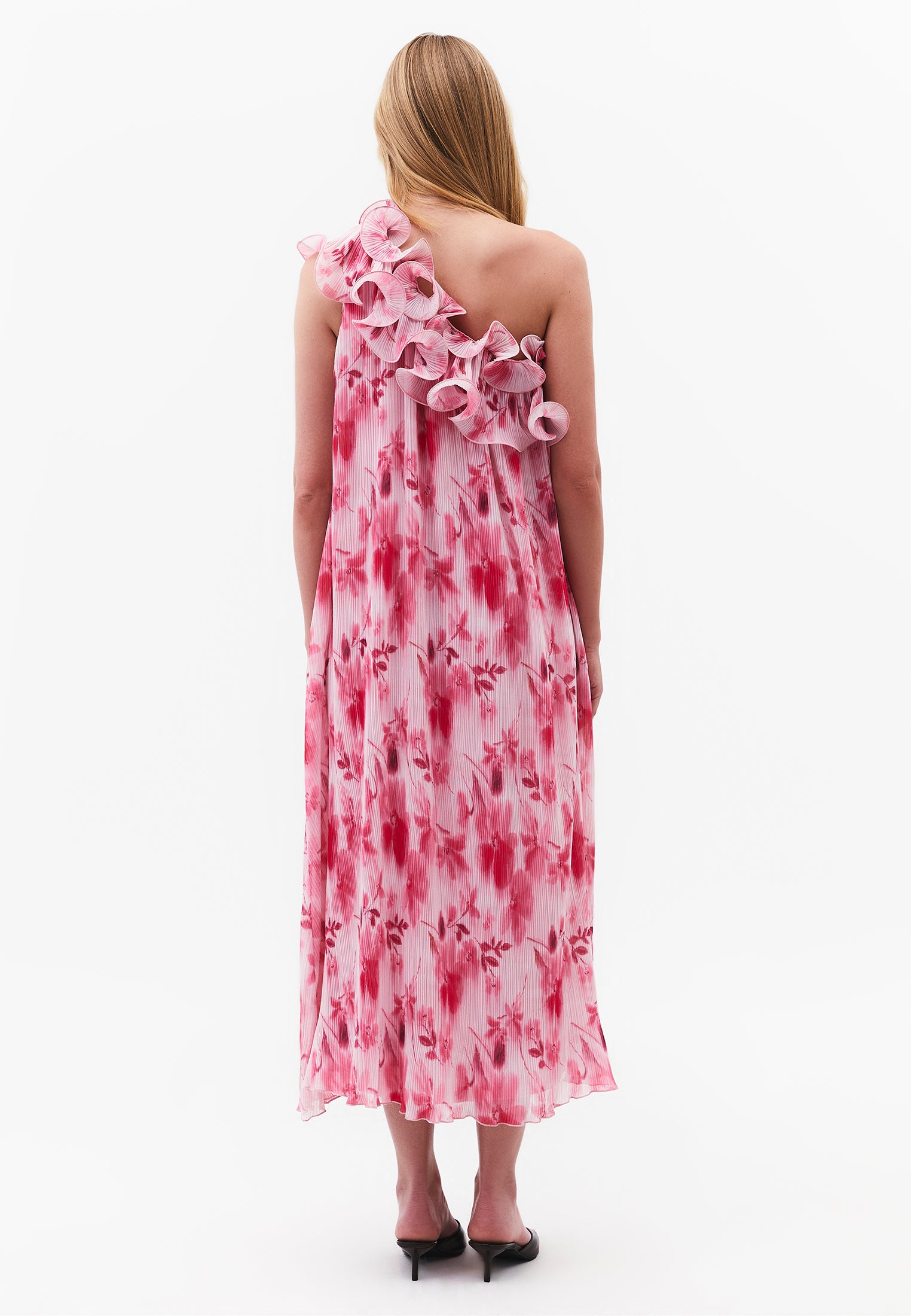 One Shoulder Pleated Printed Long Dress - FLORAL COMB