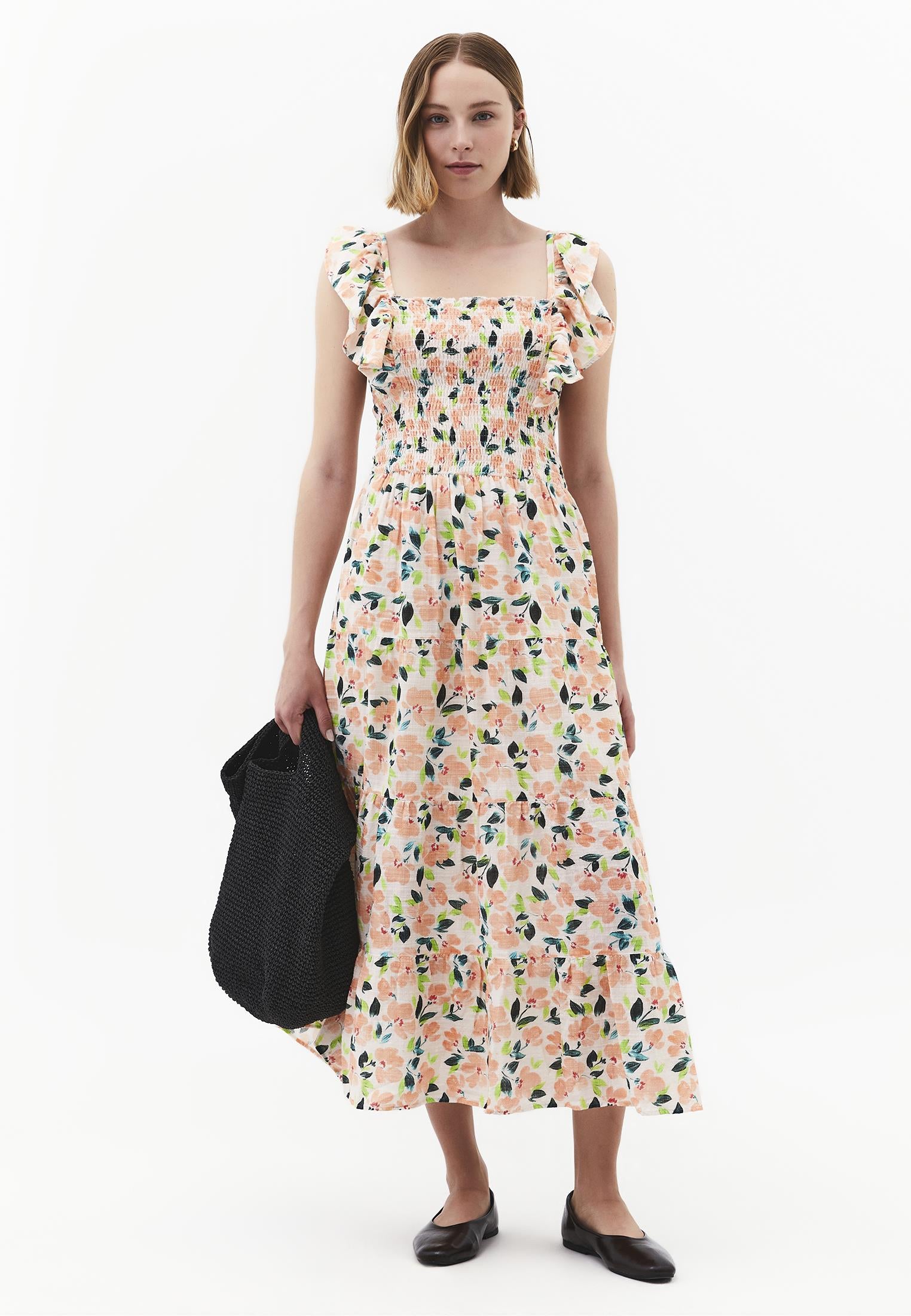 Long Dress With Butterfly Sleeves And Square Neckline - FLOWER COMB