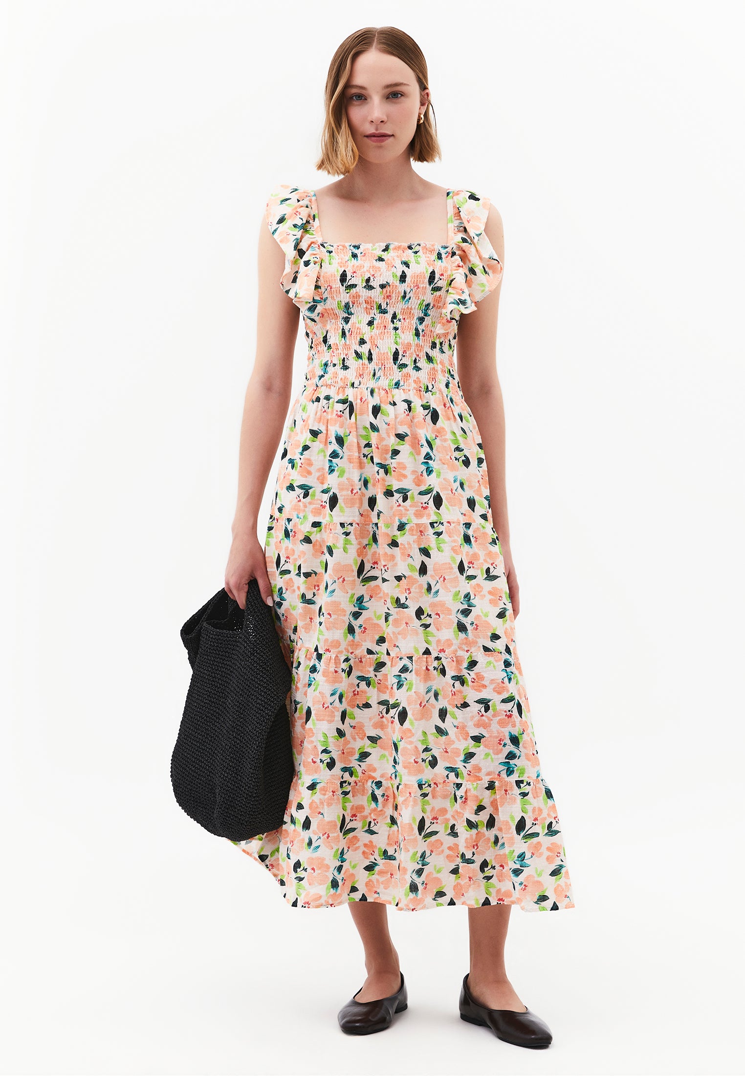 Long Dress With Butterfly Sleeves And Square Neckline - FLOWER COMB